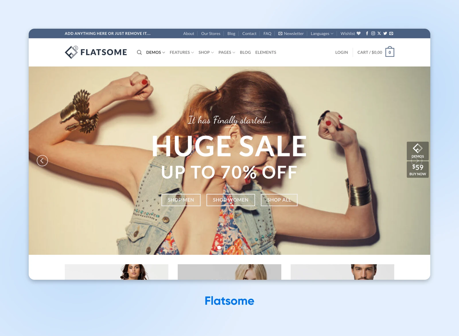 Flatsome WooCommerce theme with a sample page of an apparel e-commerce store advertising a 70% off sale.
