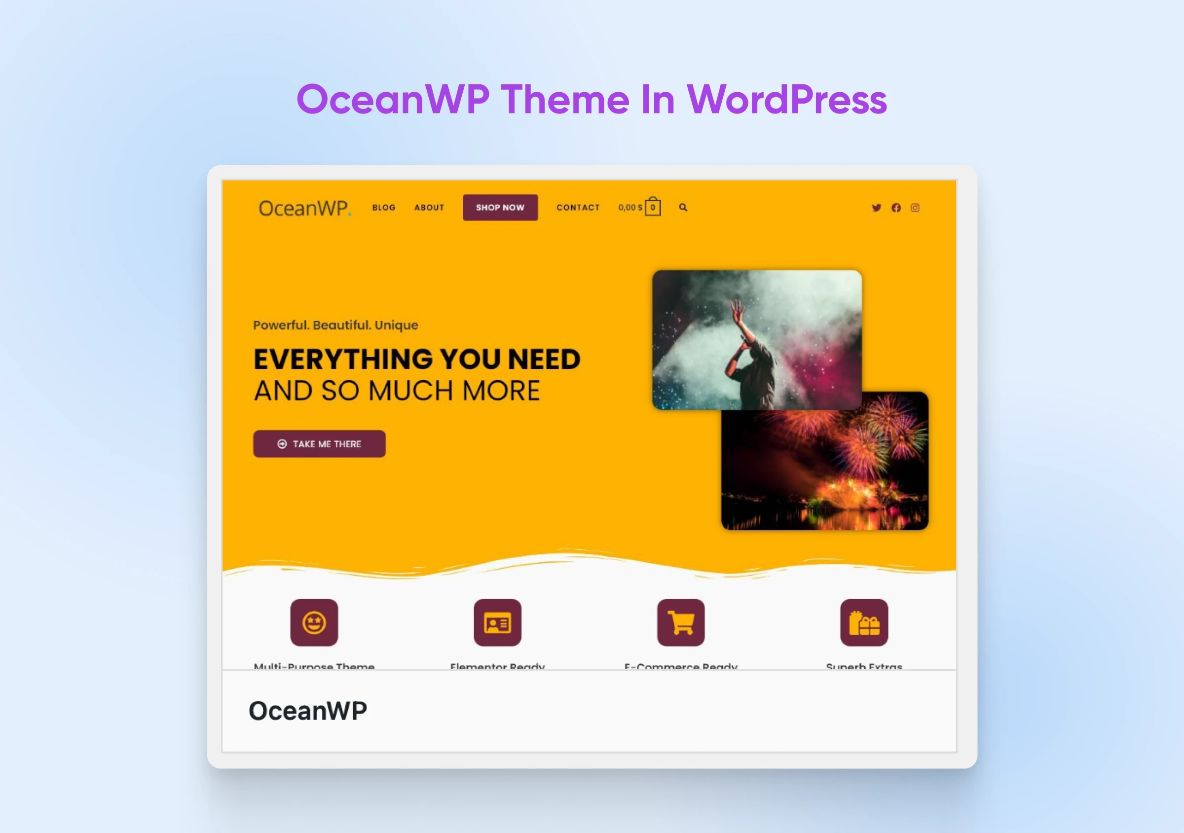 OceanWP's dialog box screenshot with the tagline, "EVERYTHING YOU NEED AND SO MUCH MORE" and a CTA button. 