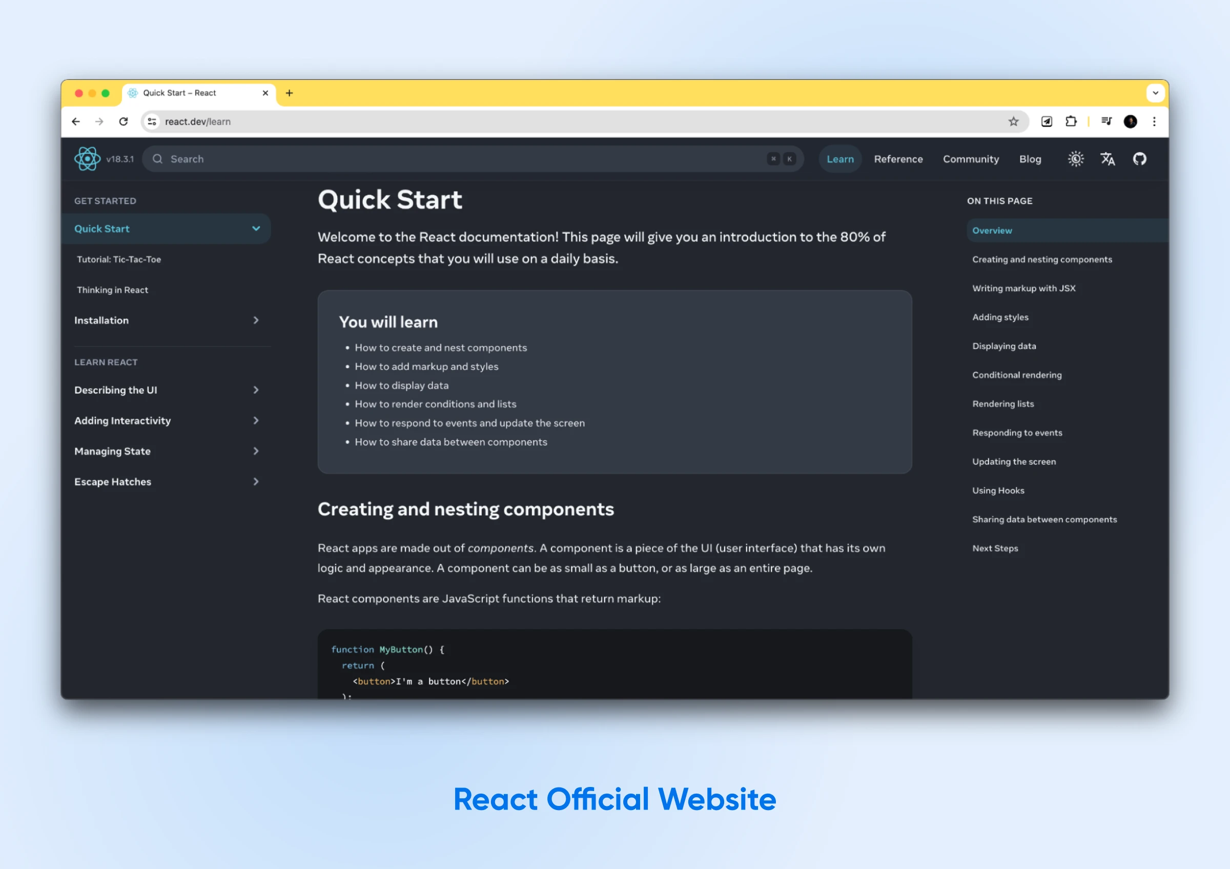 Quick Start on React's official website appears against a light blue background