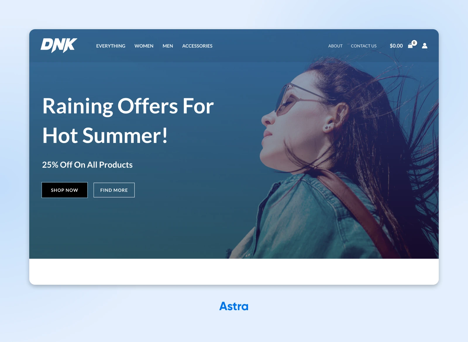 Astra WooCommerce theme showing a digital storefront for an apparel brand with sale offer overlain on a photo.