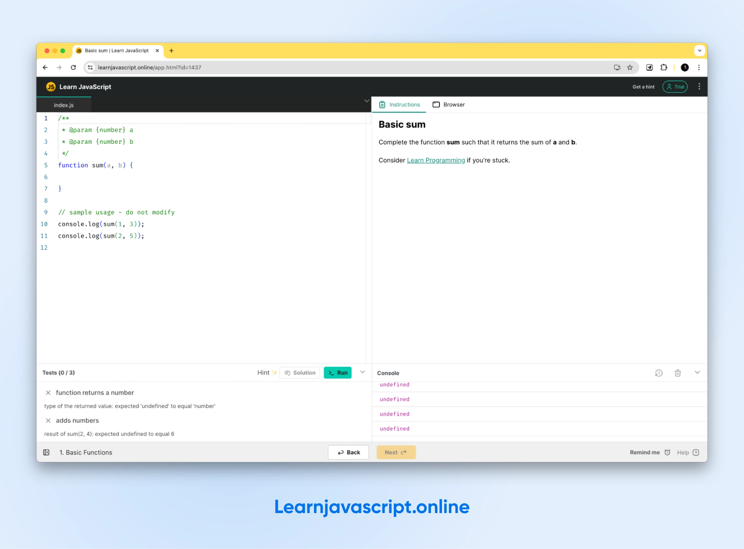 Learnjavascript.online's workspace opened to "Basic sum" with code on the right and instructions to start on the left.