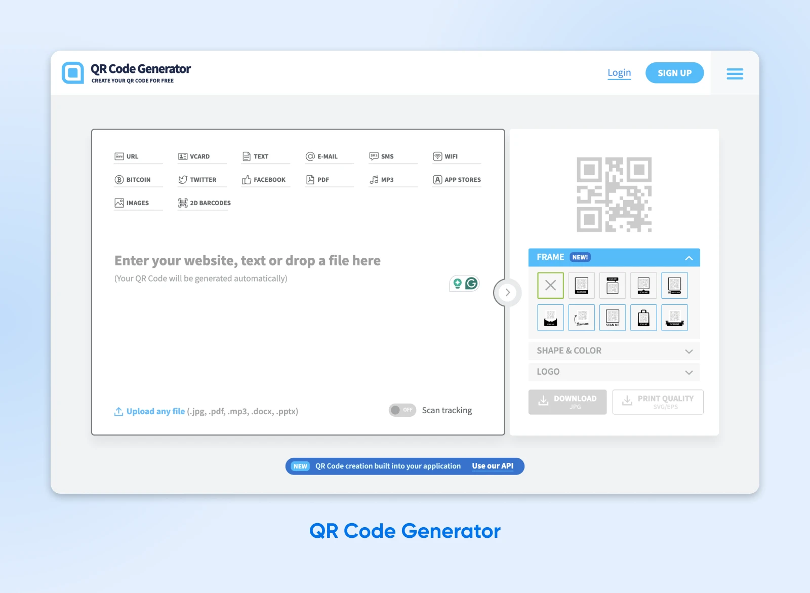 QR Code Generator's user interface prompts you to enter your website or text or drop a file to begin