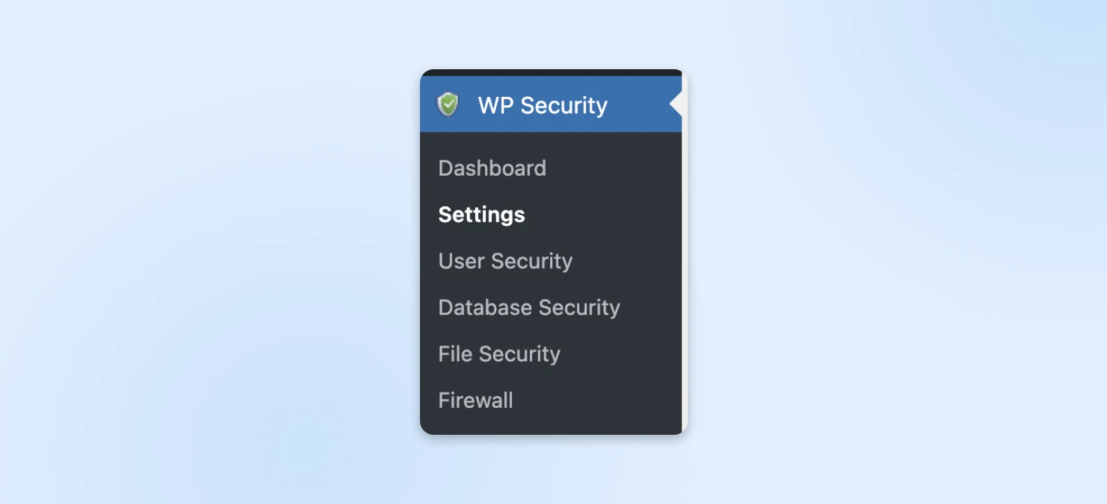 The WP Security menu is shown. The second option, 'Settings,' is highlighted