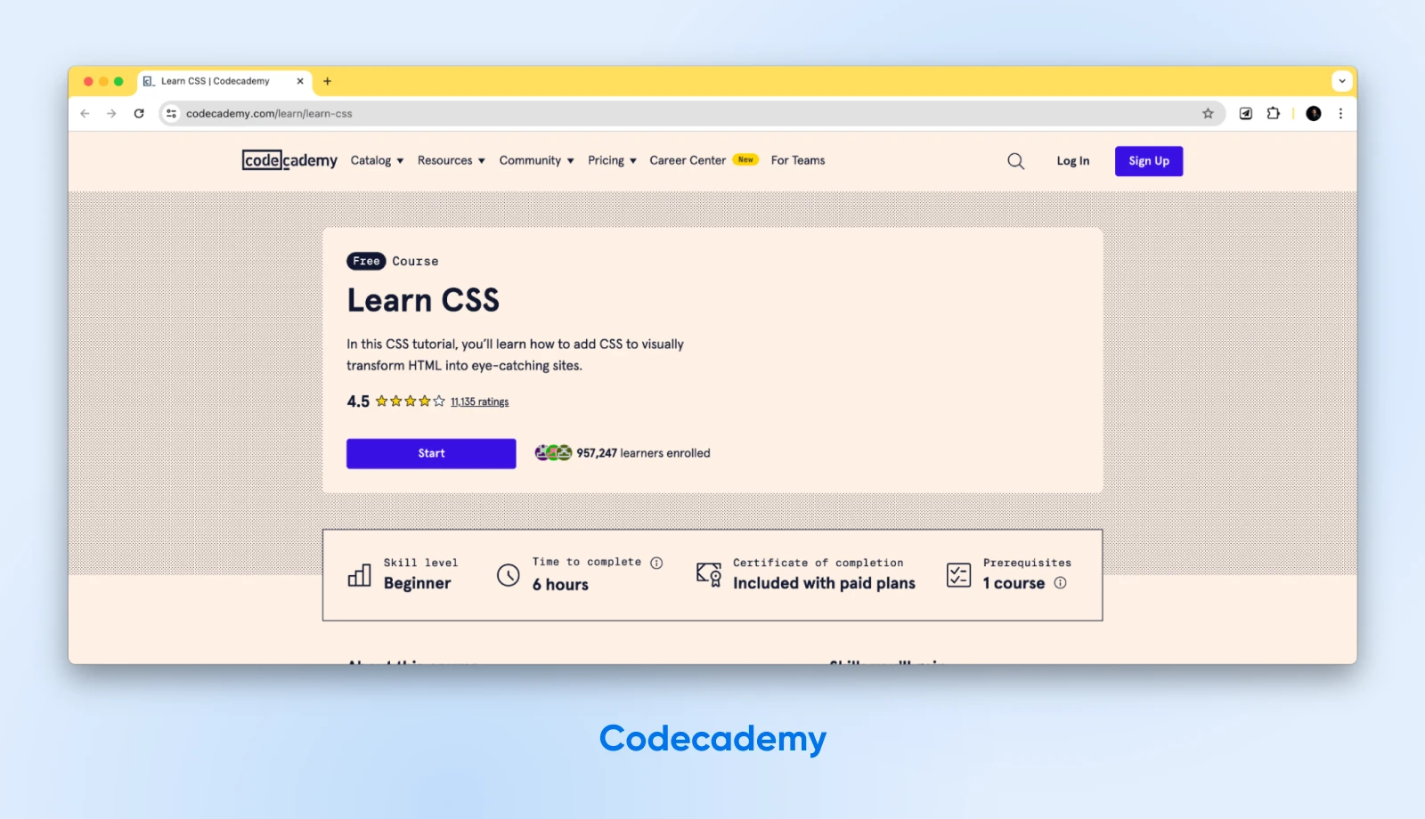screenshot of Codeacademy Learn CSS course