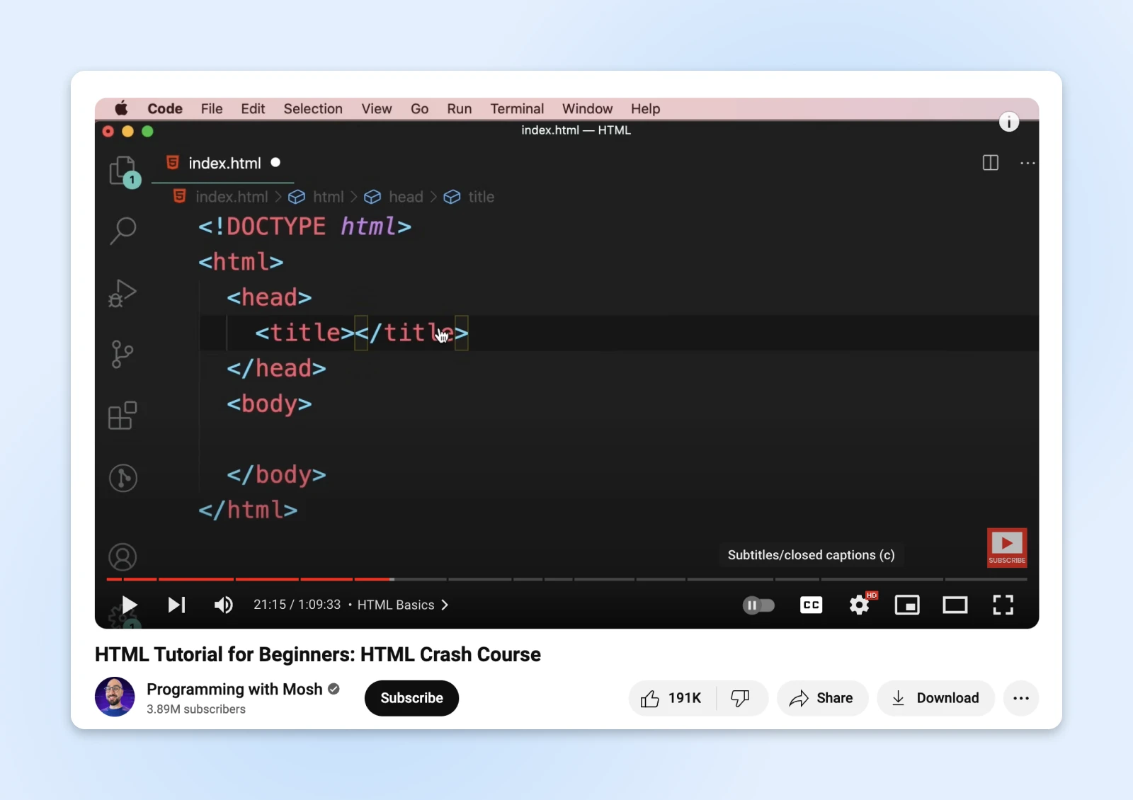 A frame of the 'HTML Tutorial for Beginners: HTML Crash Course' by Programming with Mosh