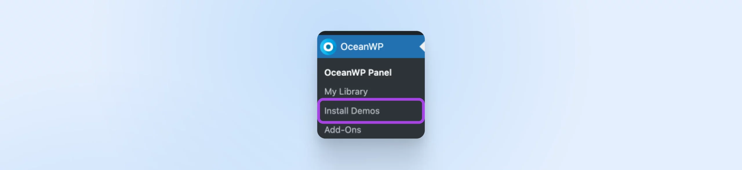OceanWP drop-down menu with the button "Install Demos" selected.
