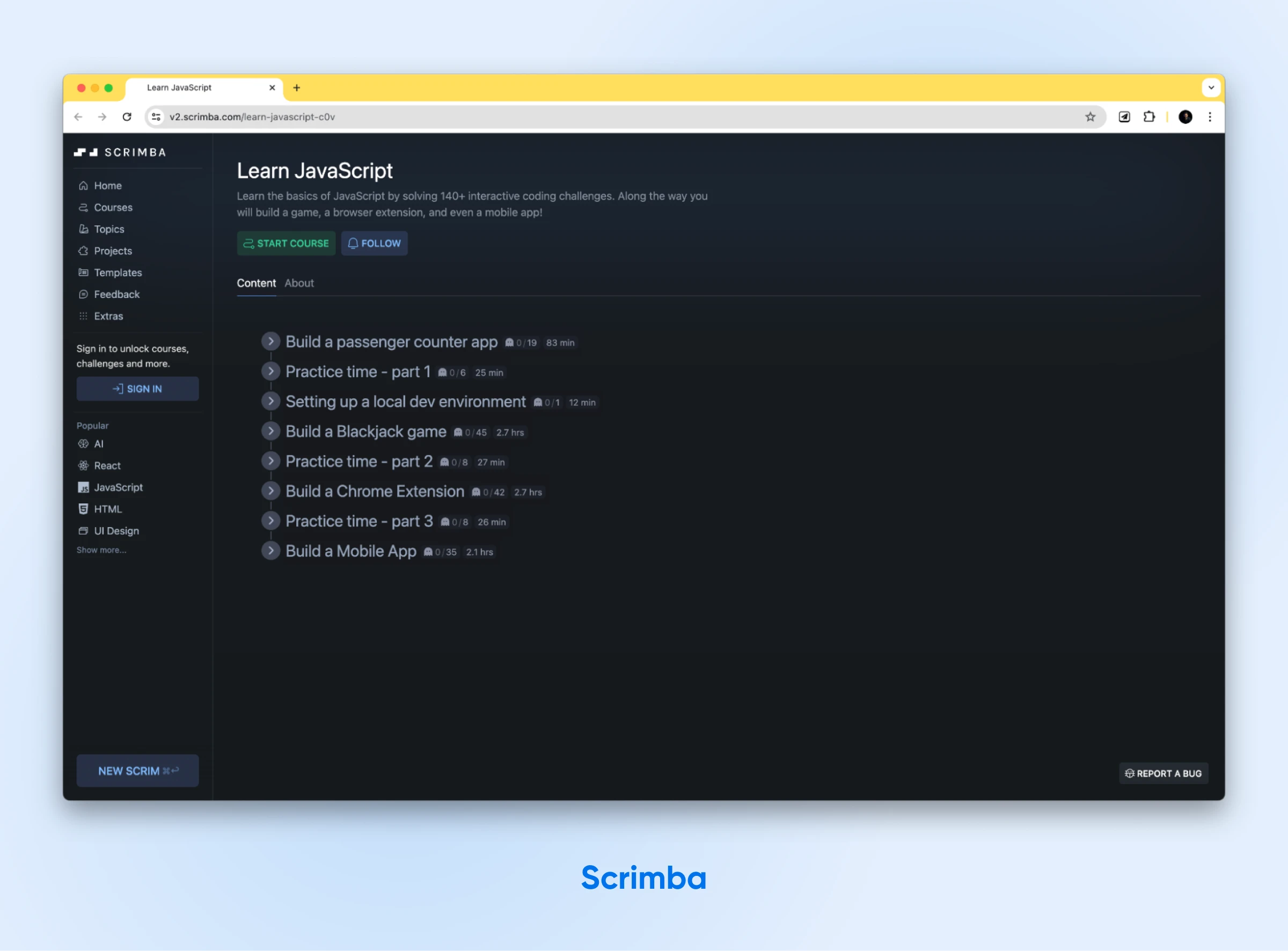 Scrimba's workspace opened to "Learn JavaScript" with a nav-menu on the left, and a button to "START COURSE" on the right.