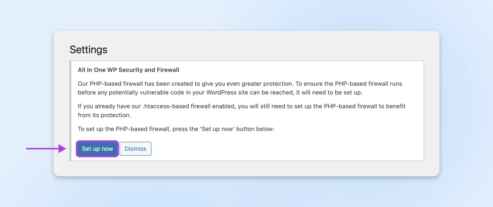 The Settings box introduces the 'All In One WP Security and Firewall.' Click the blue button to 'Set up now.'
