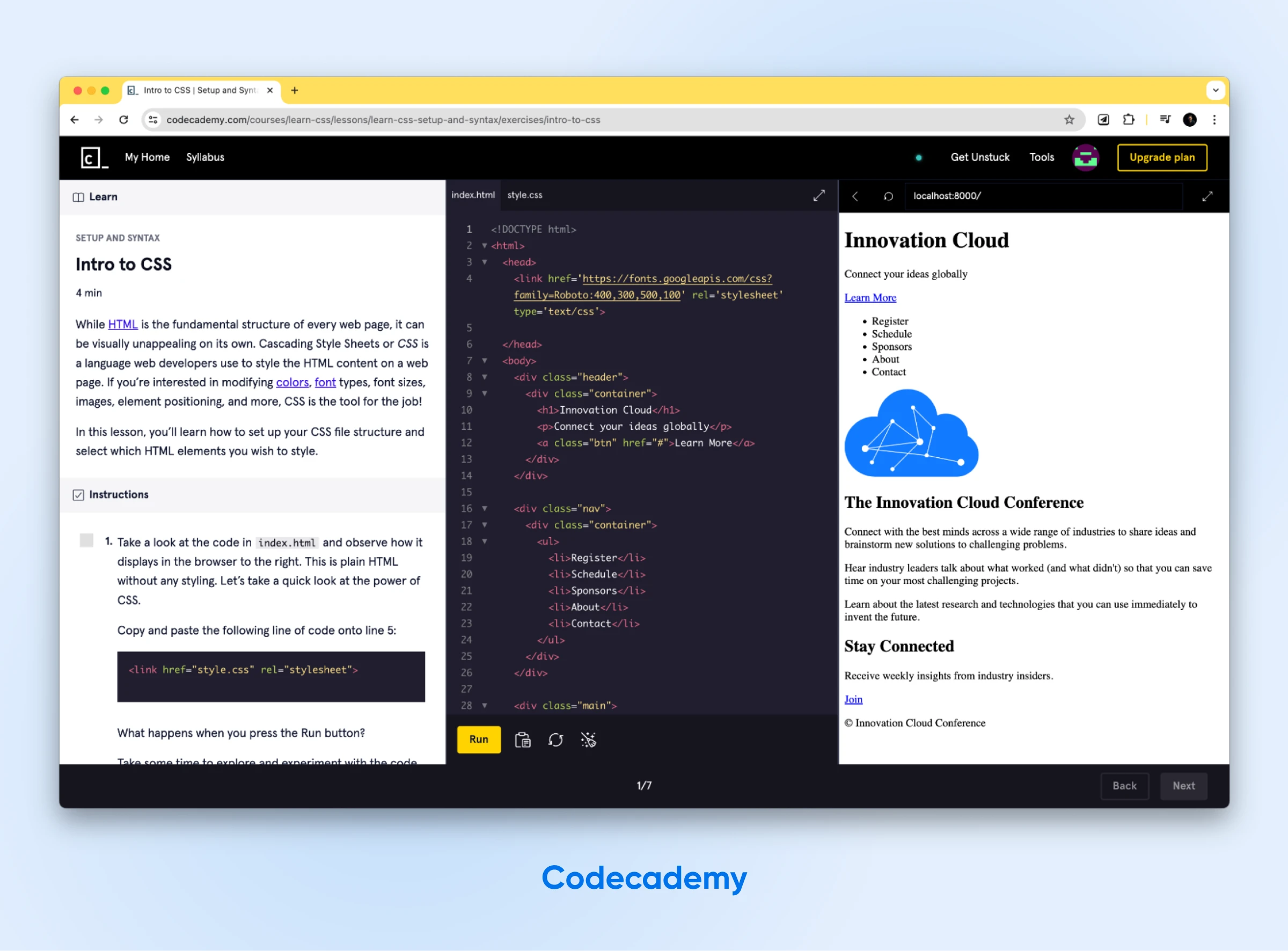 Glimpse into Codecademy's "Intro to CSS" with instructions and code. 