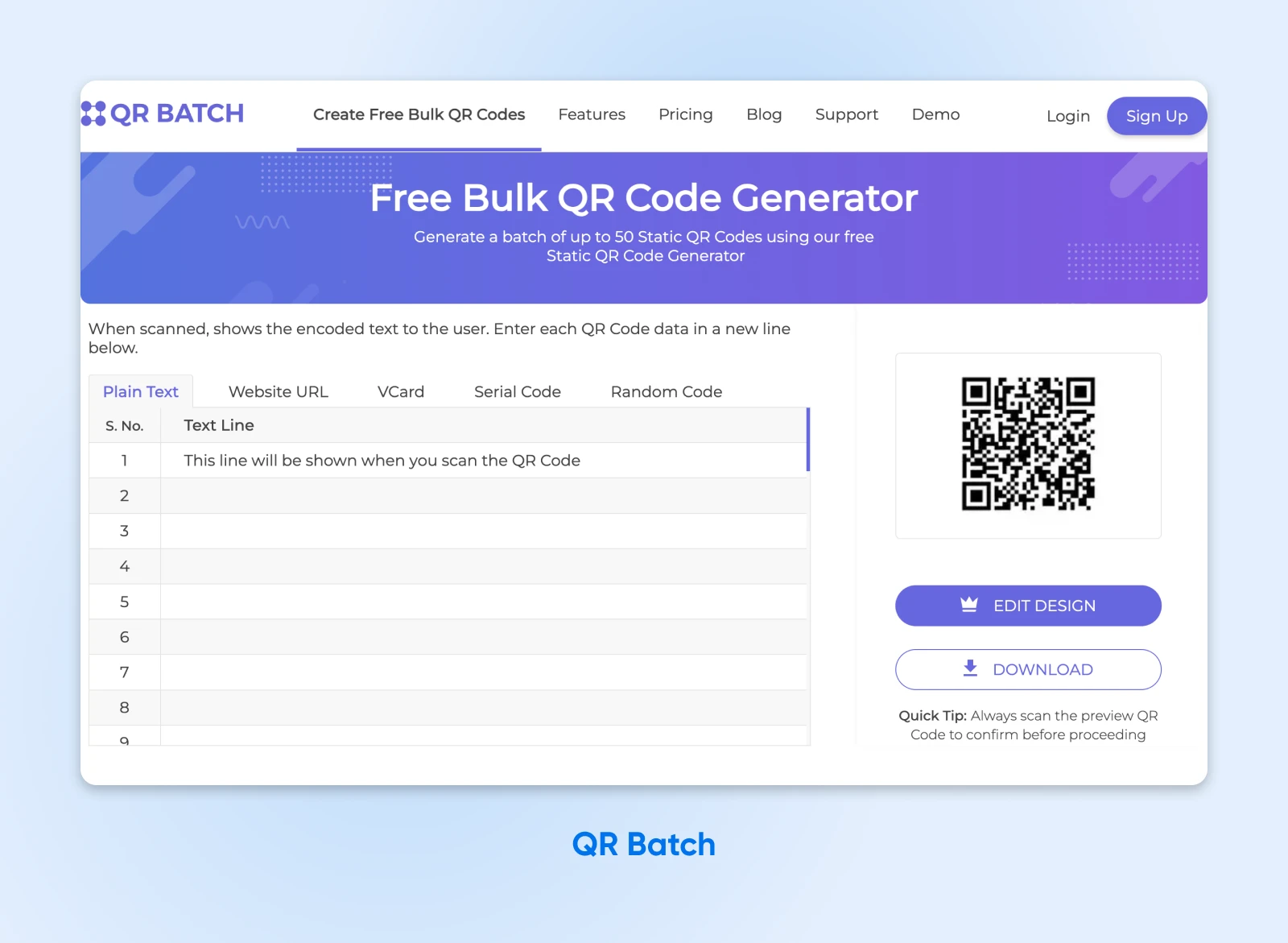 QR Batch lets you generate QR codes in bulk. The right shows you the current QR code design. Click on a button to edit it. 