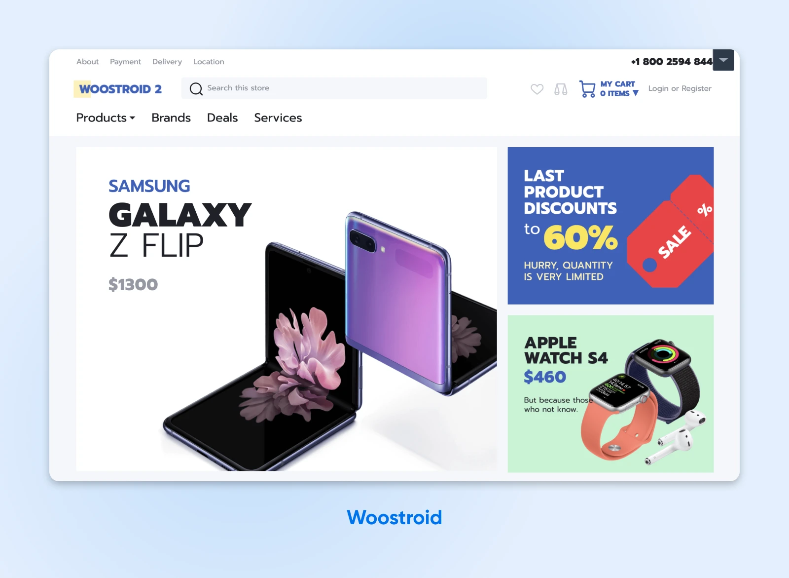 Woostroid 2 WooCommerce theme with product offers for Samsung Galaxy Z Flip and Apple Watch, and a search bar for navigation