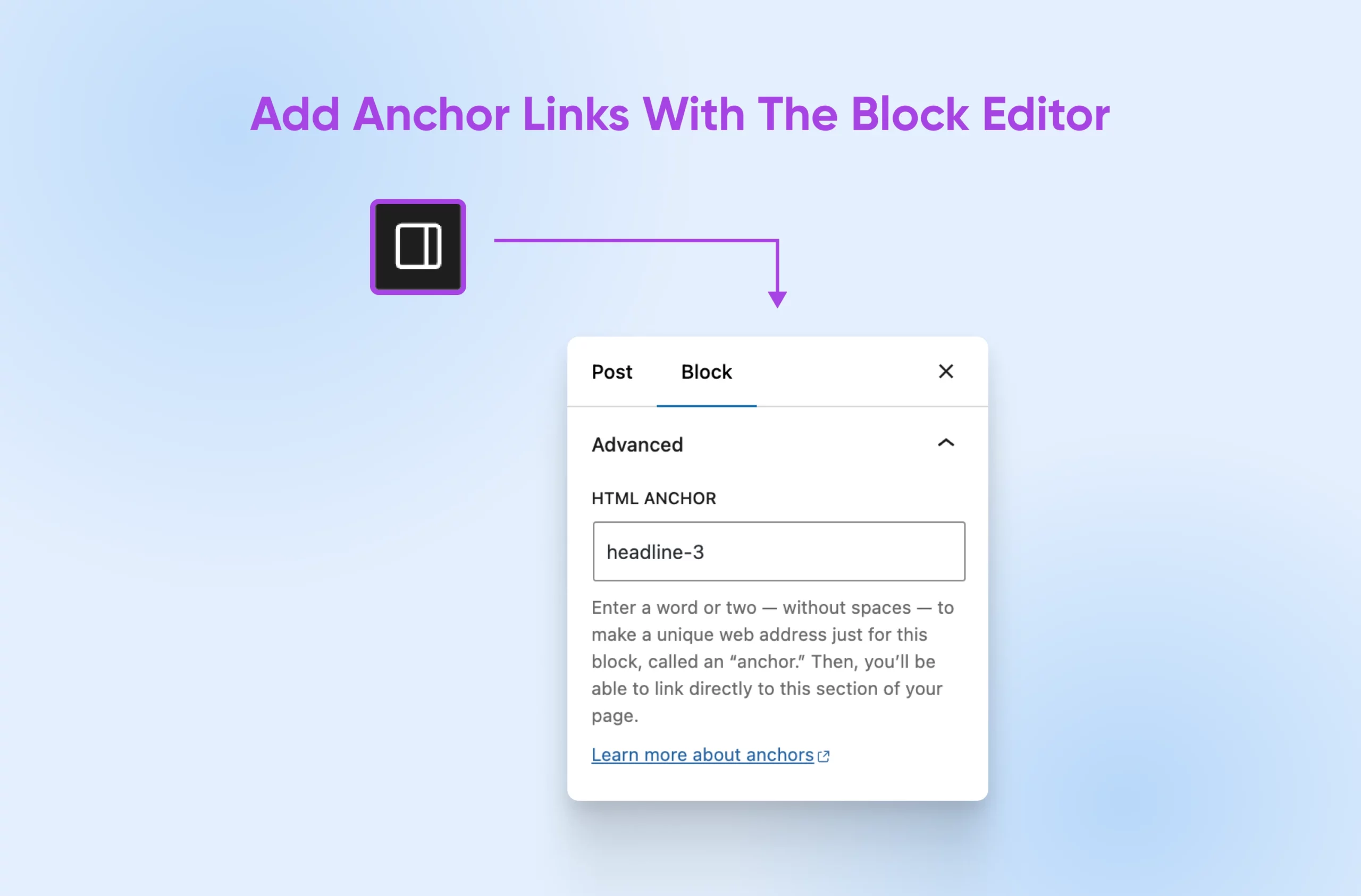 screenshot showing the location of the block editor icon which looks like a box with a rectangular on the right side