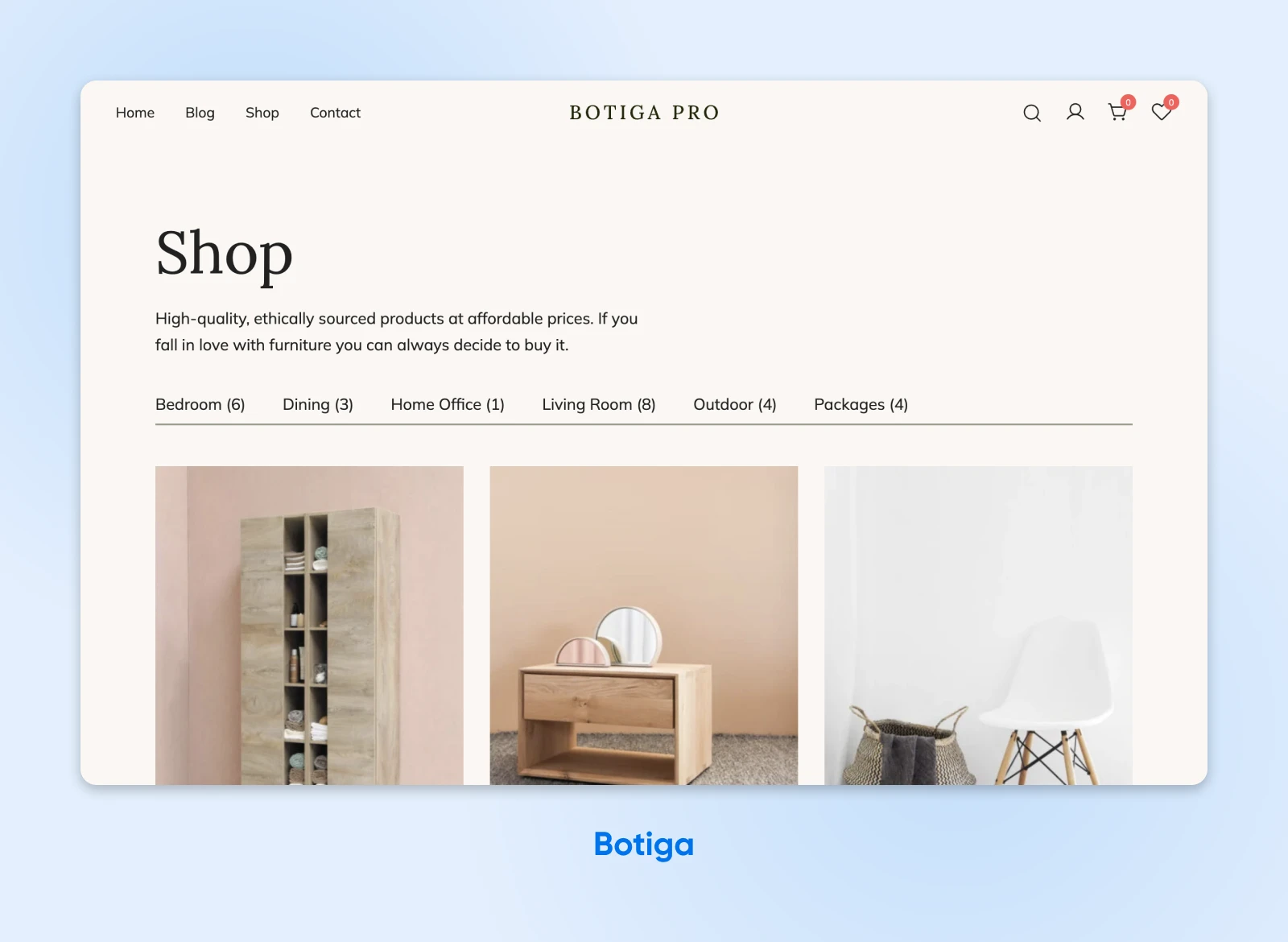 Botiga WooCommerce theme showcasing furniture products under "Shop" with different categories.