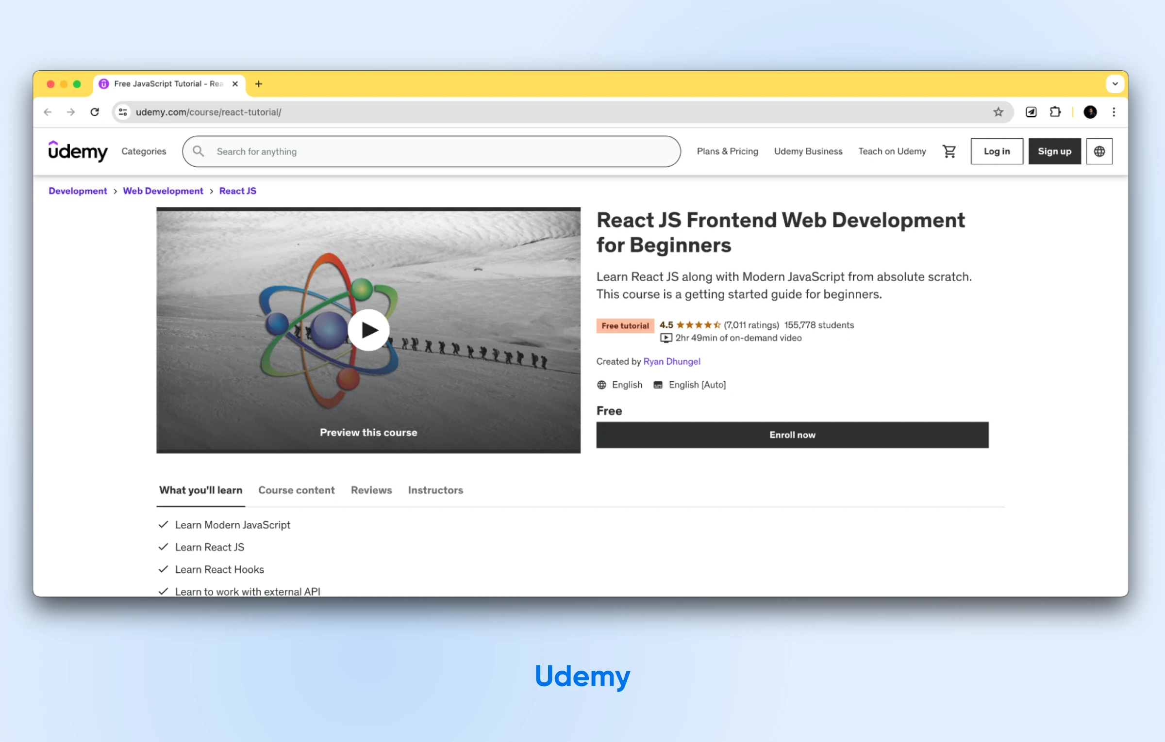 The React JS Frontend Web Development for Beginners course offers a video preview