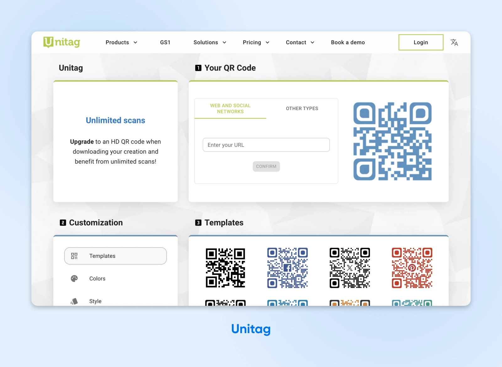 Unitag's user interface shows your QR code design at the upper right next to a form field to enter your URL.