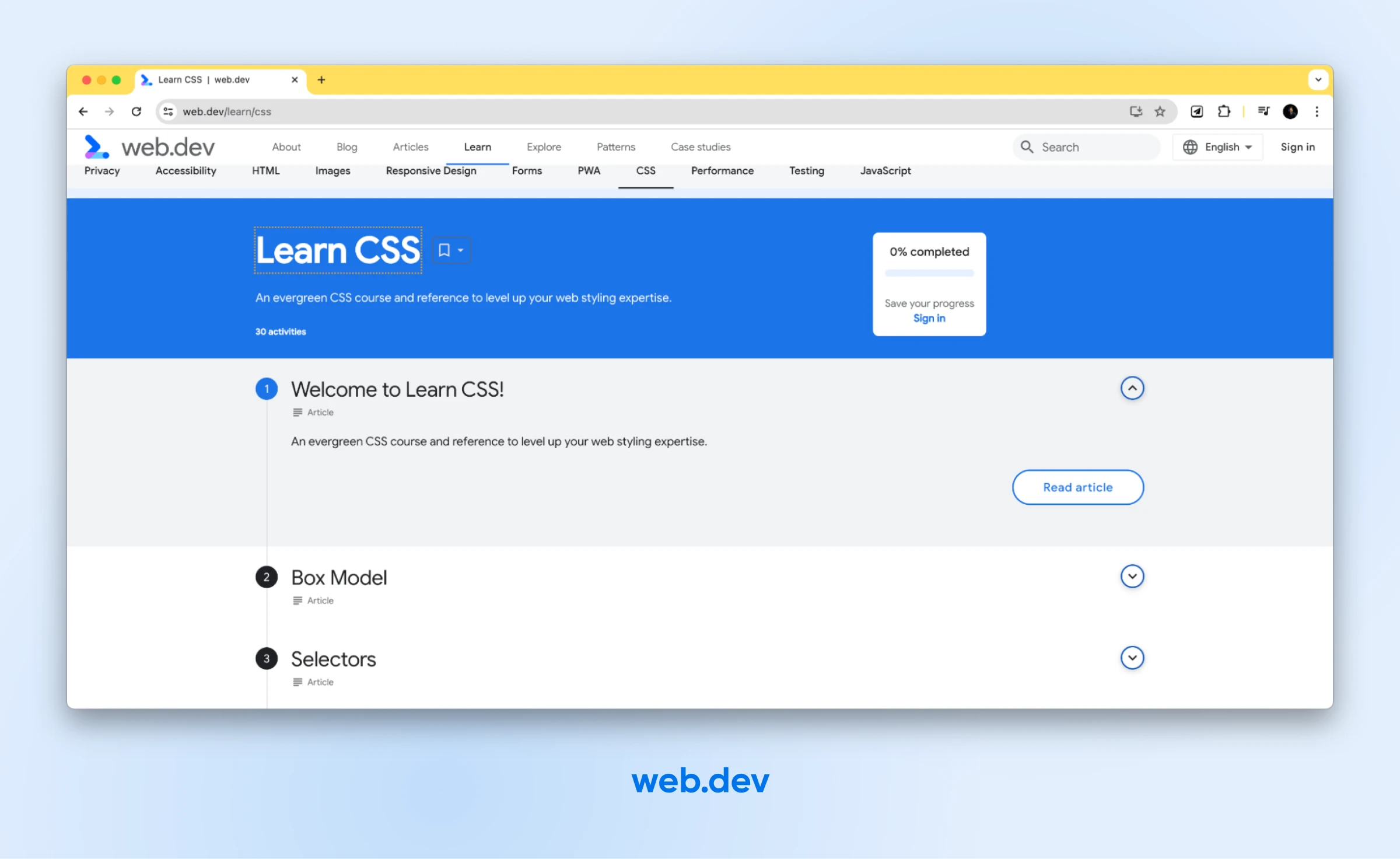 web.dev website's screenshot with a "Learn CSS" course. Ann outline showing two topics covered: Box Model and Selectors.