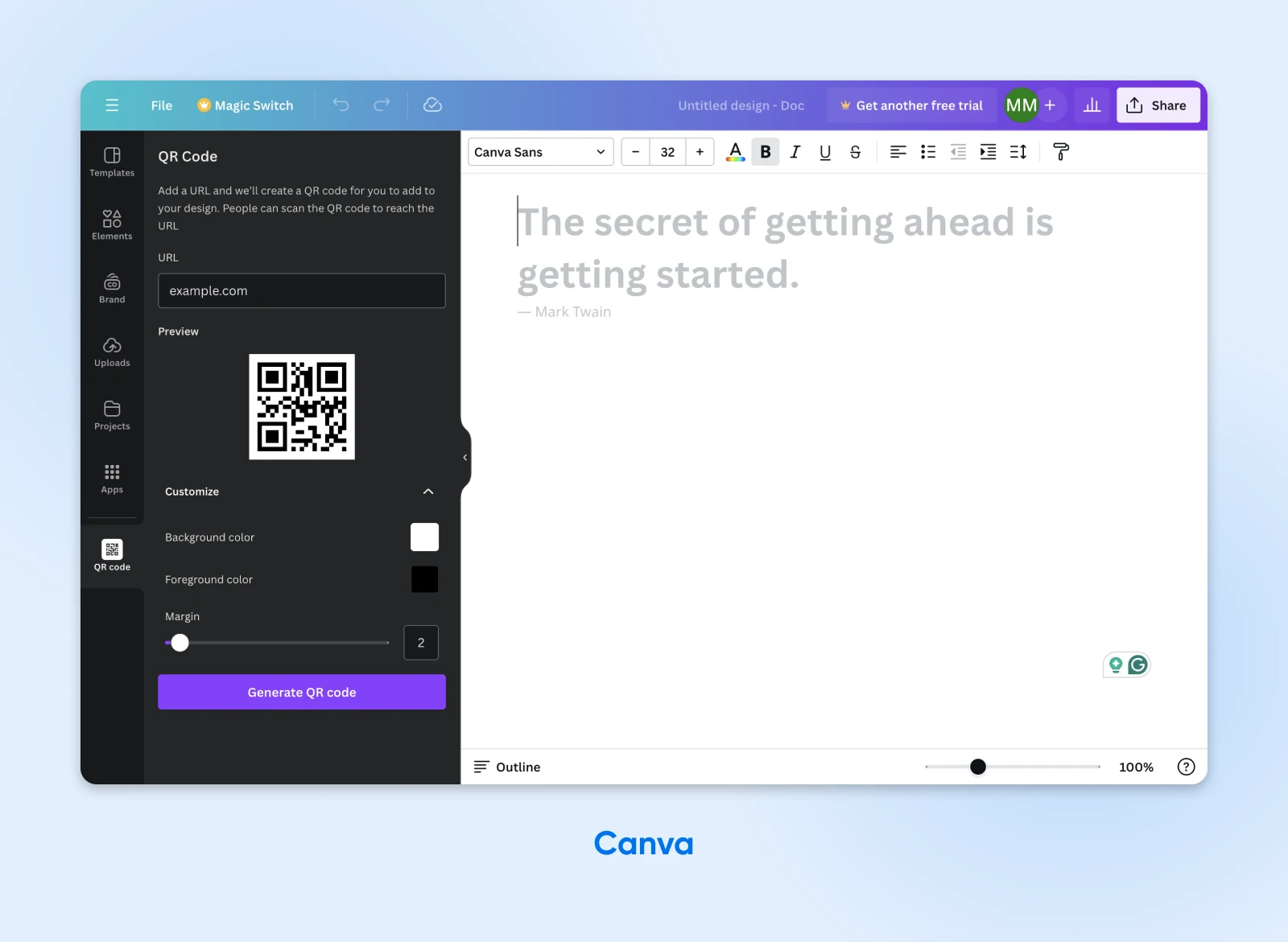 Canva's QR generator shows you customization options on the left and your blank canvas on the right