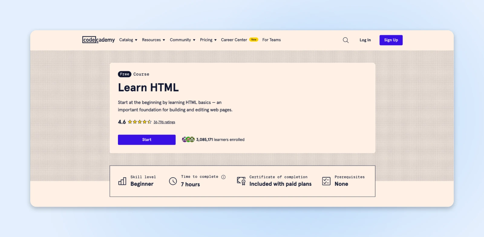 The signup page of Codecademy's free course, 'Learn HTML'