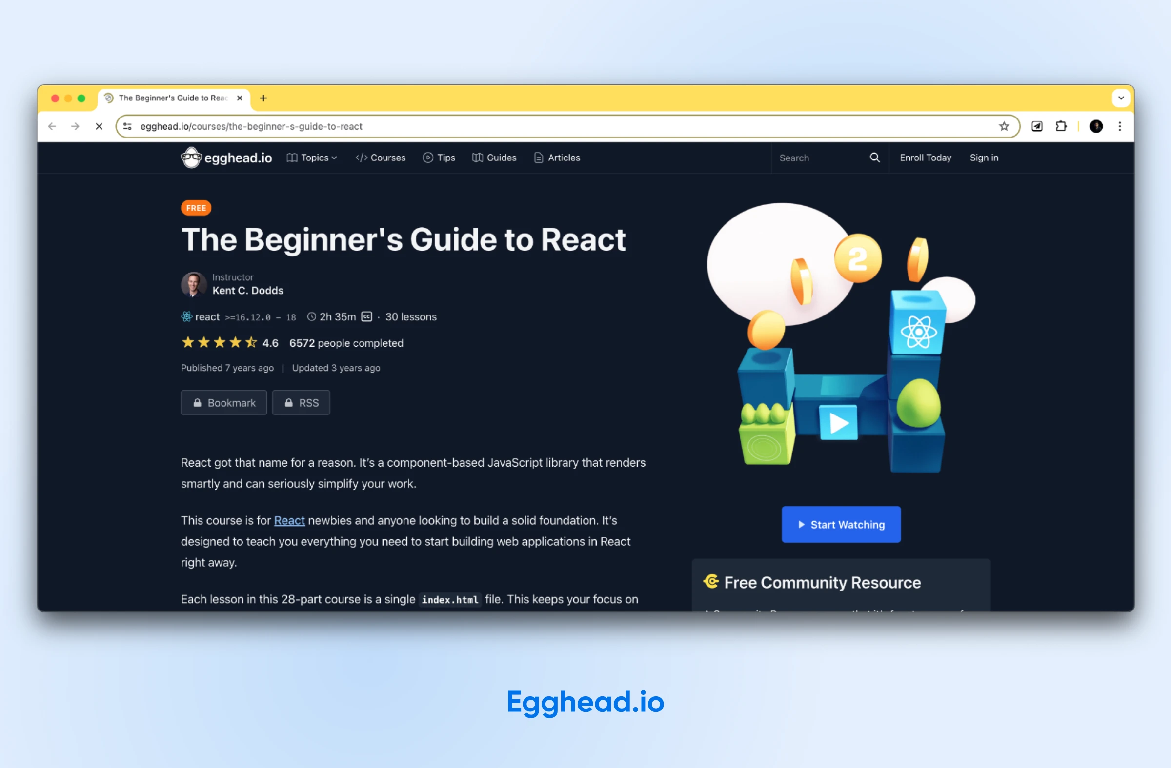 Egghead.io's web page for "The Beginner's Guide to React" offers a video and user reviews