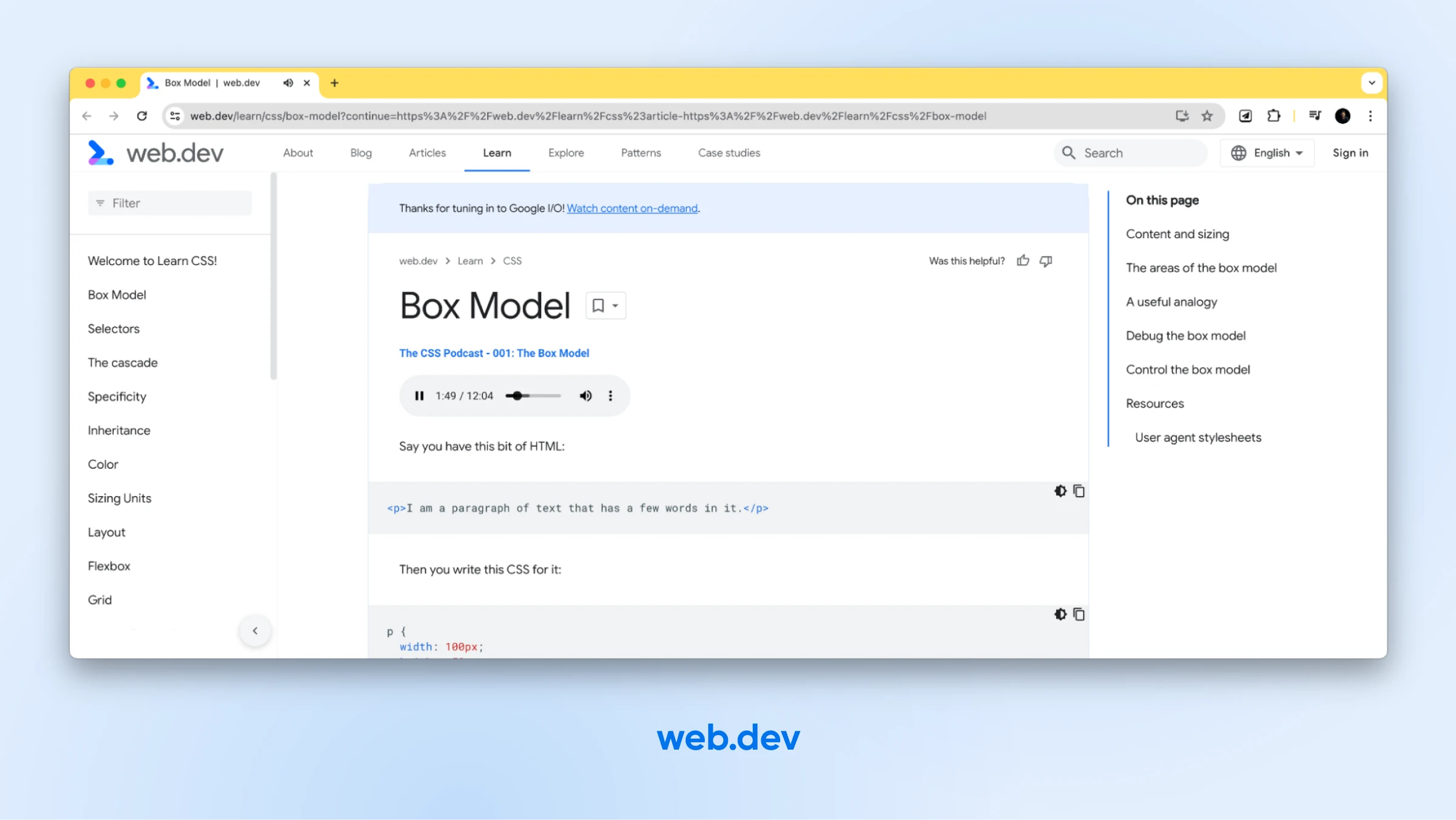 screenshot of web.dev Box Model