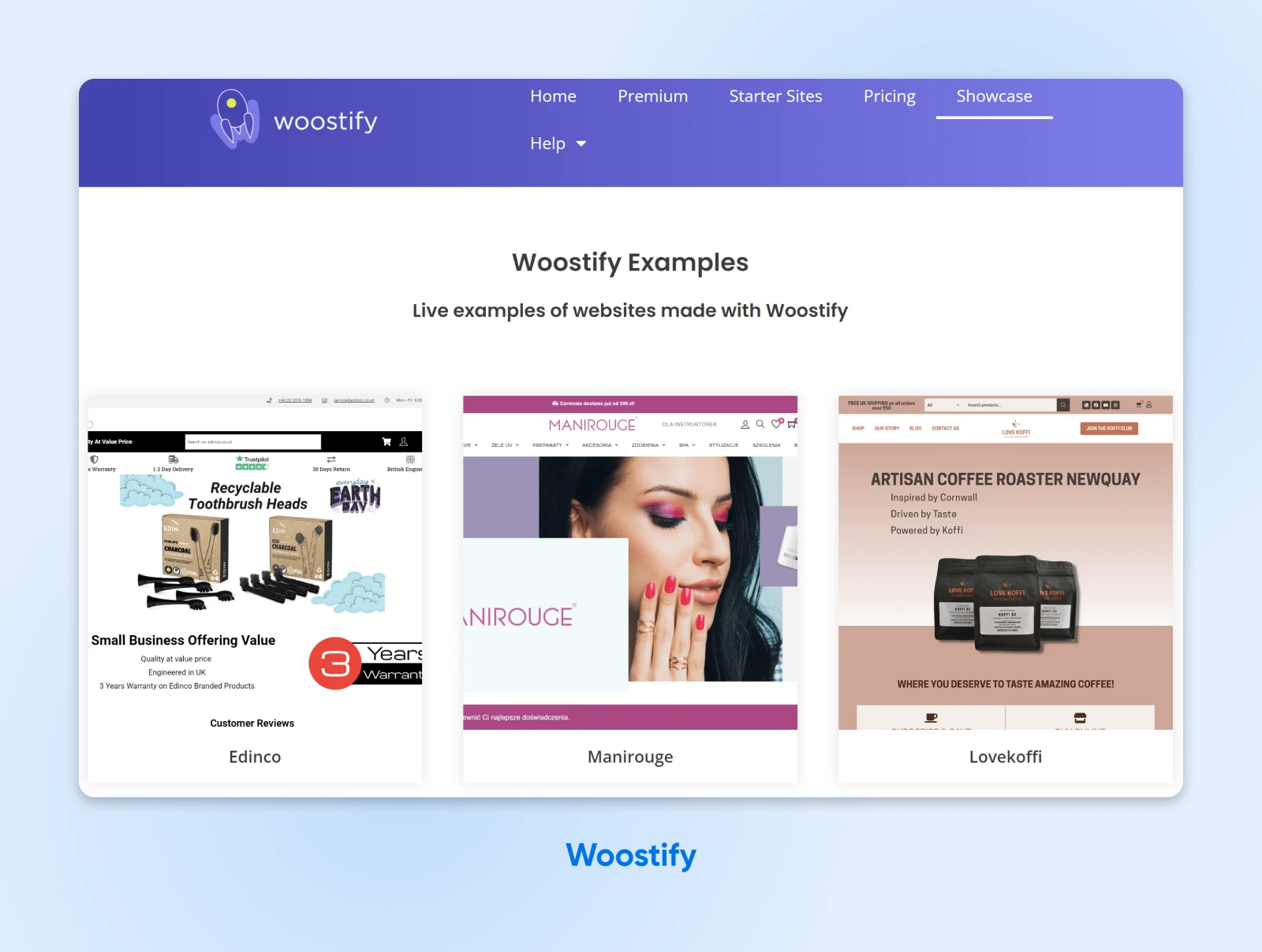 Woostify webpage showing live examples of three websites built using the WooCommerce theme.