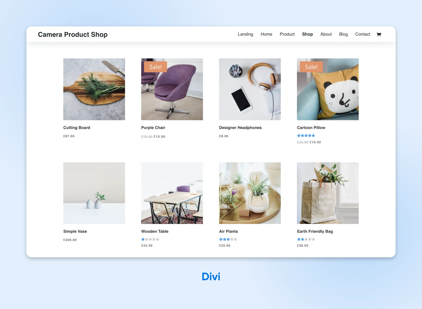 Divi WooCommerce theme showing "Camera Product Shop" with items and their prices like cutting board, simple vase, etc.
