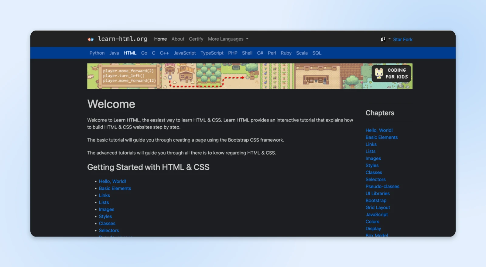 The Welcome page of Learn-HTML.org has white font and blue clickable links against a black background
