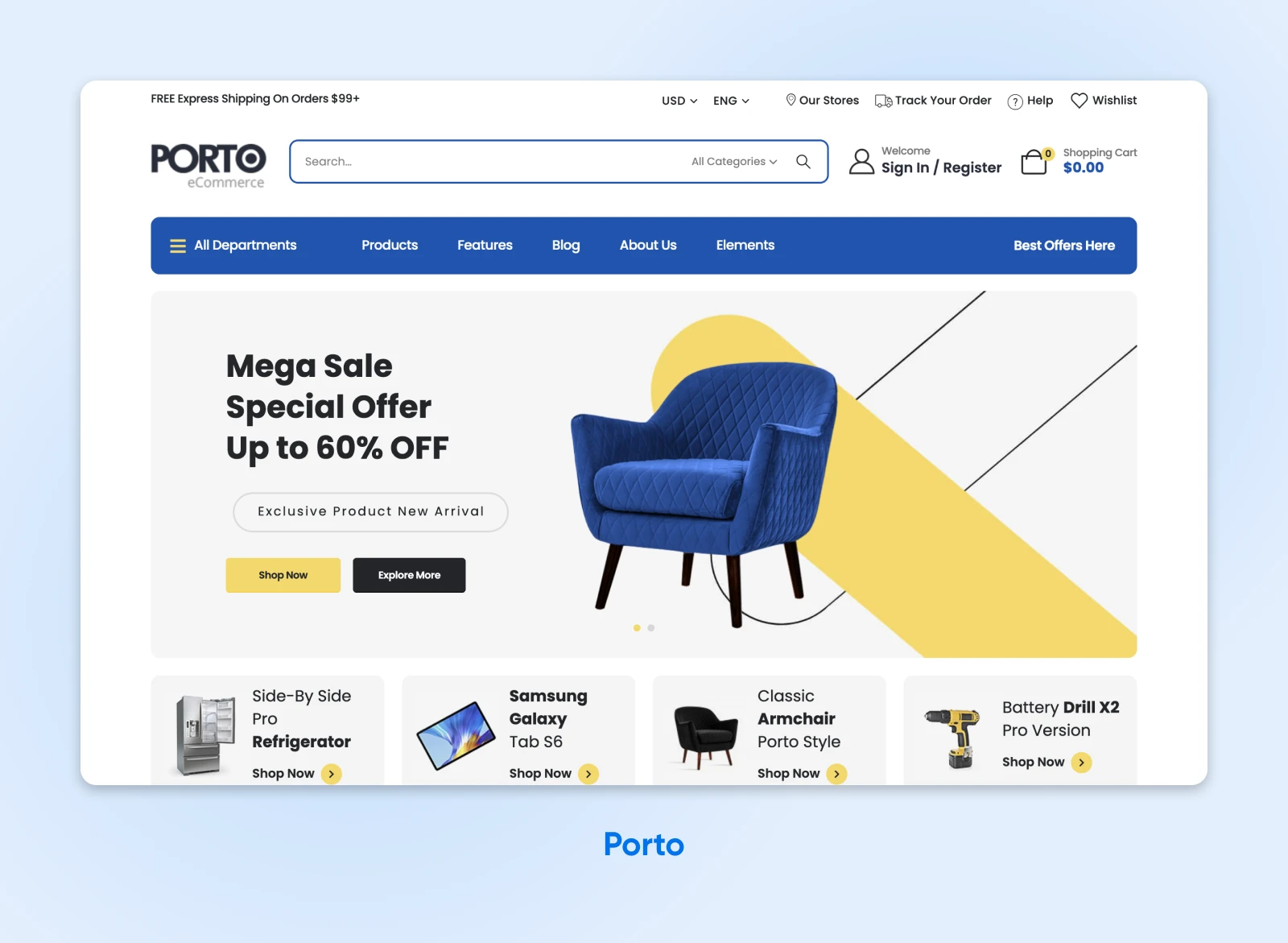 Porto's sample blue and yellow themed webpage with options to shop for furniture, gadgets, drills, etc.