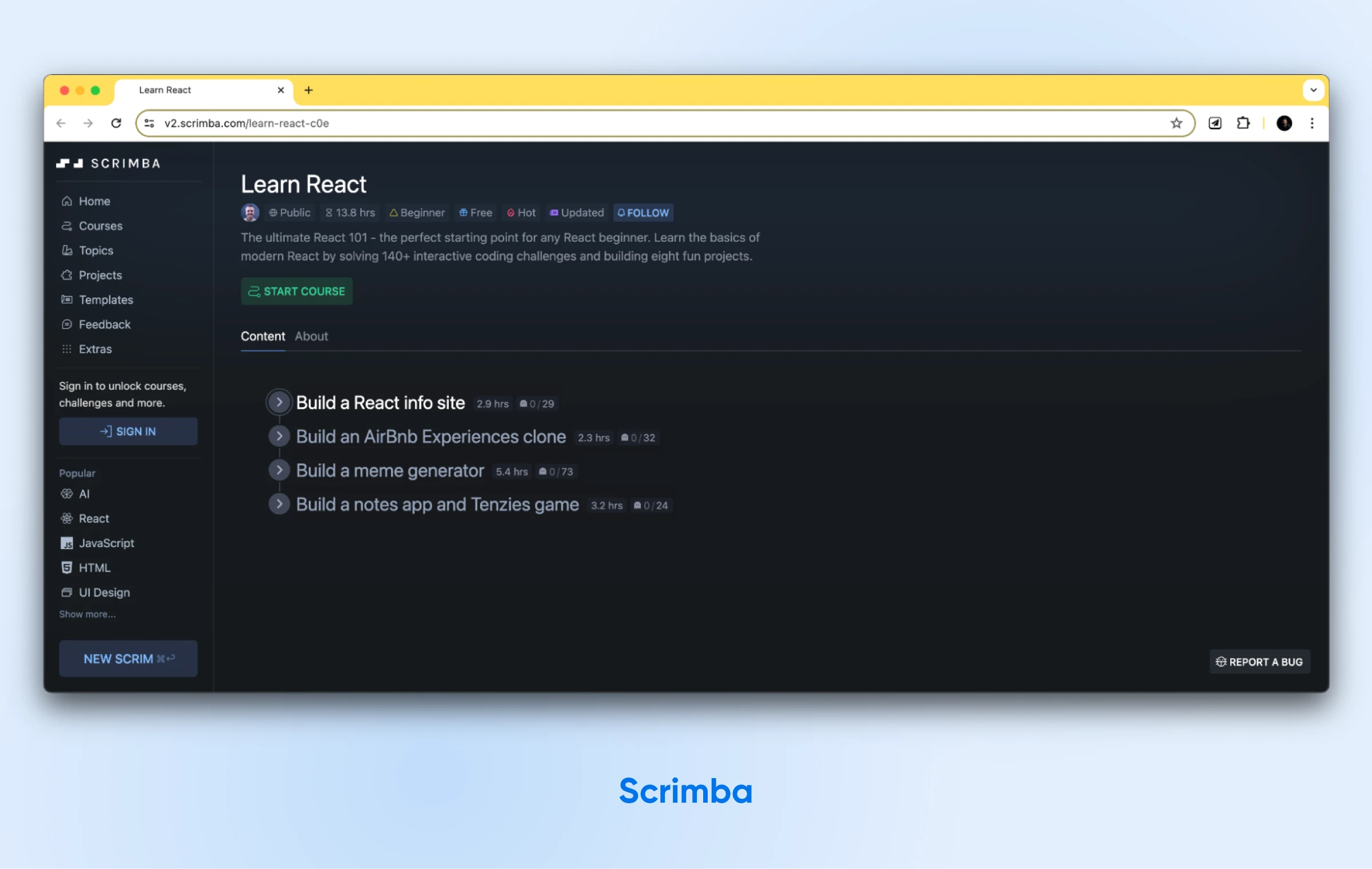 The home page for Scrimba's Learn React course has a dark background and a green "Start Course" button