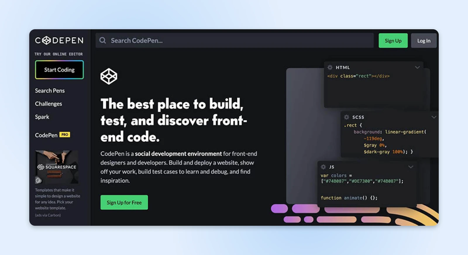 The CodePen homepage features a green signup button to learn front-end code for free