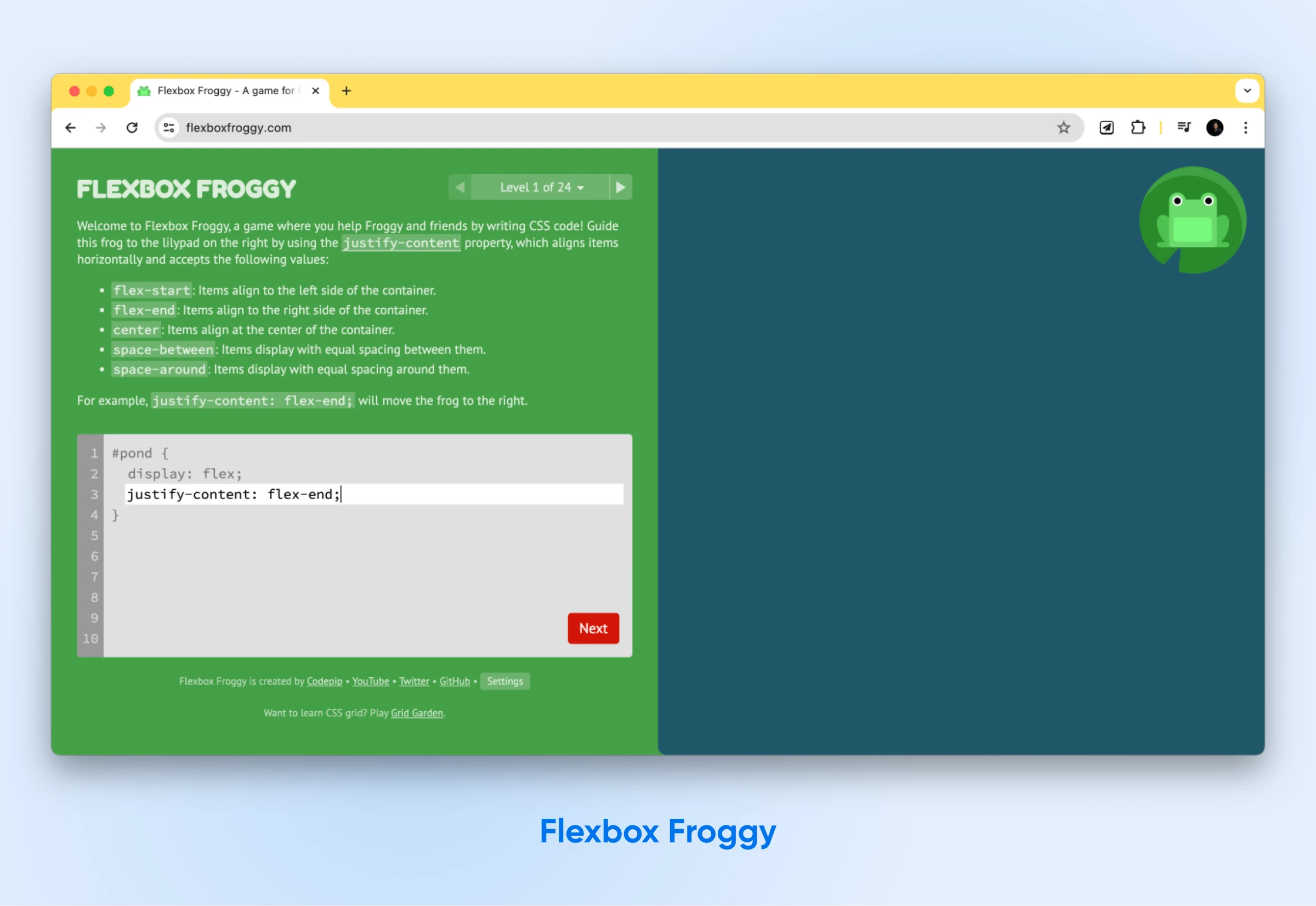 screenshot of Flexbox Froggy homepage