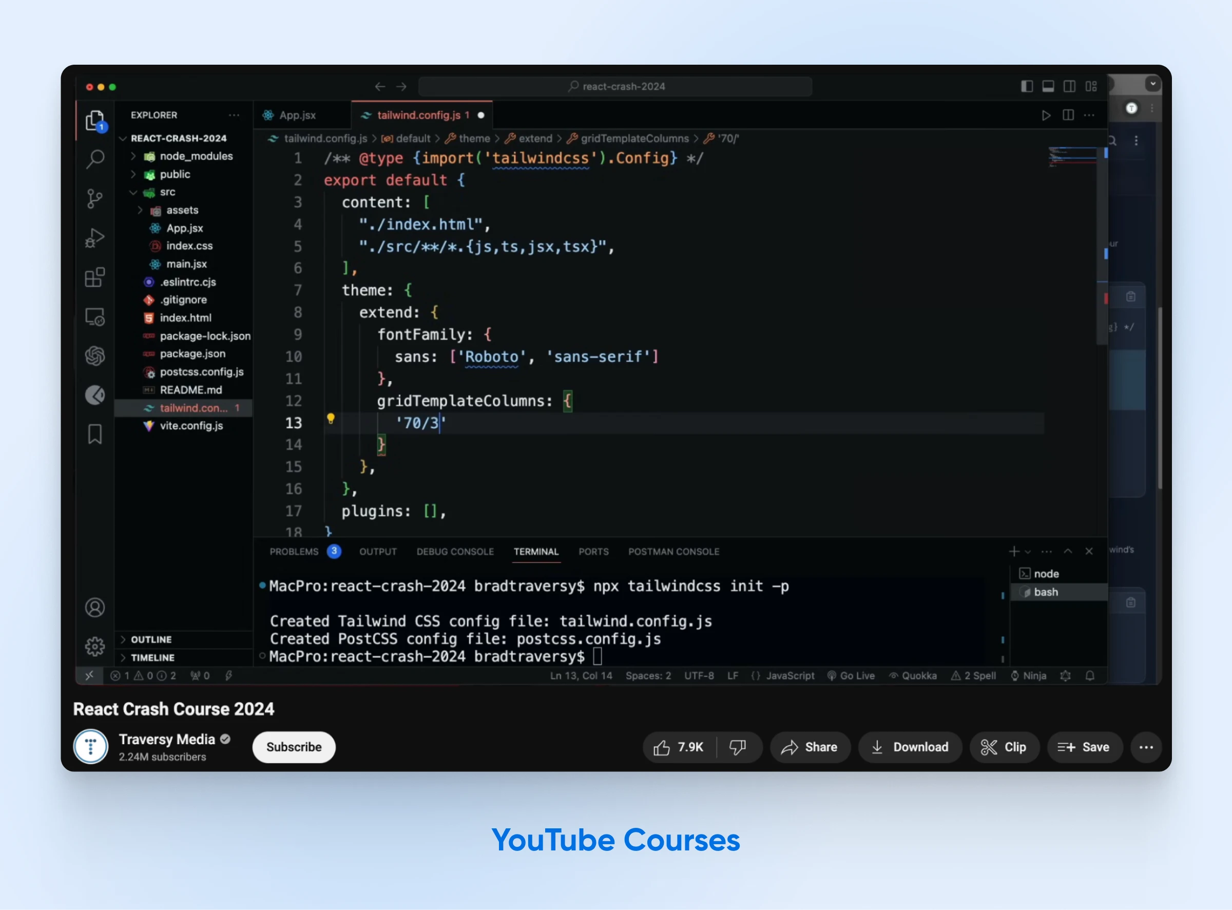A coding still from Traversy Media's React Crash Course on YouTube is shown
