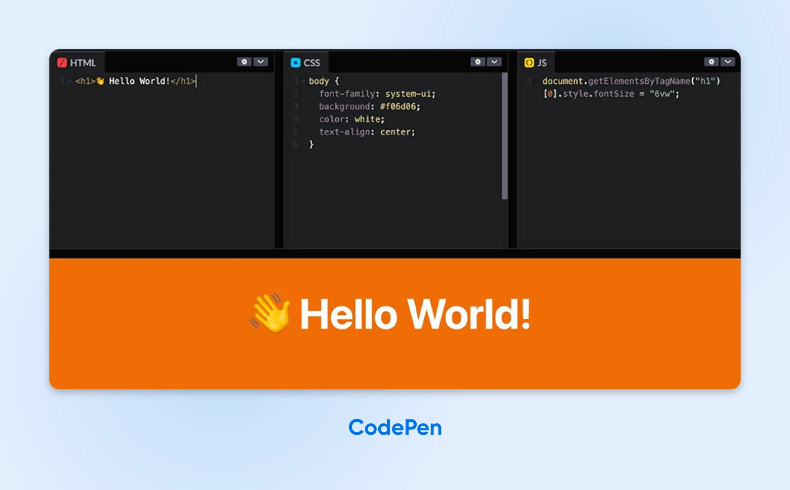CodePen's editor lets you write code in HTML, CSS, and JS side by side and see your output in a preview pane below