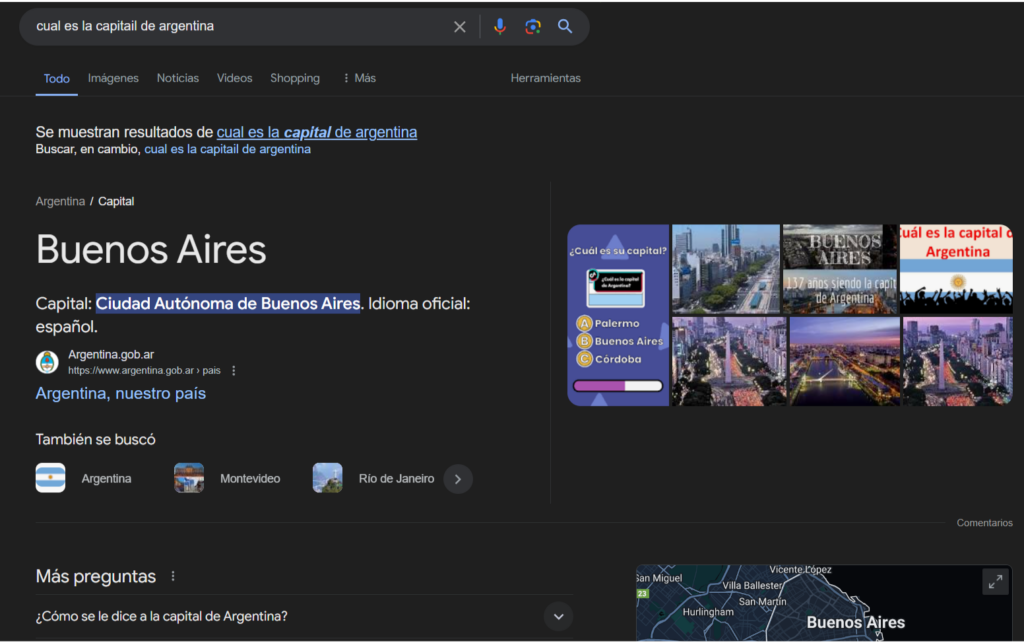 Búsqueda de Google mal escrita: "cuál es la capital de Argentina" autocorregido y "Buenos Aires" como respuesta en un cuadro.