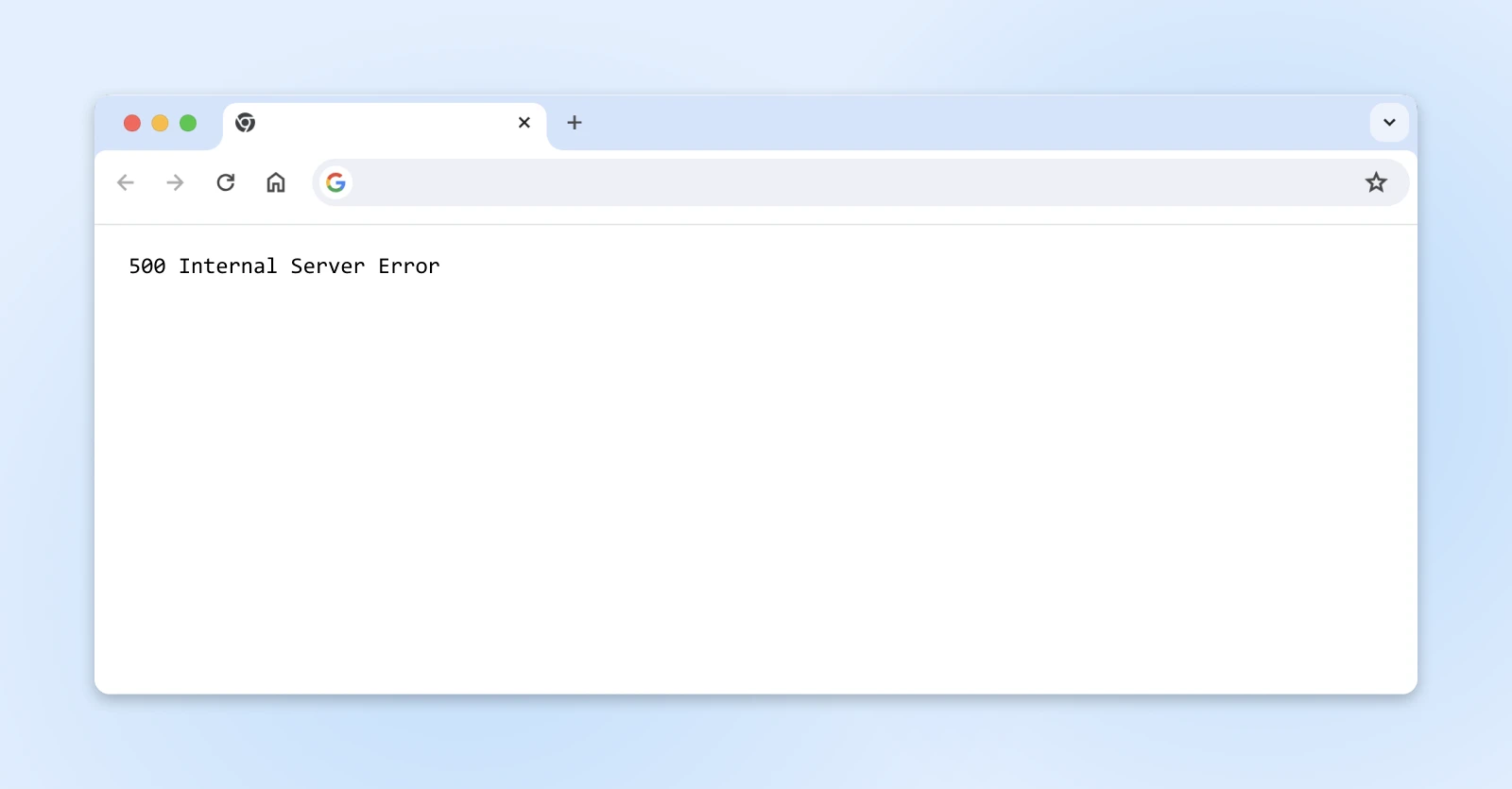 Chrome browser window showing '500 Internal Server Error' message on blank white page.