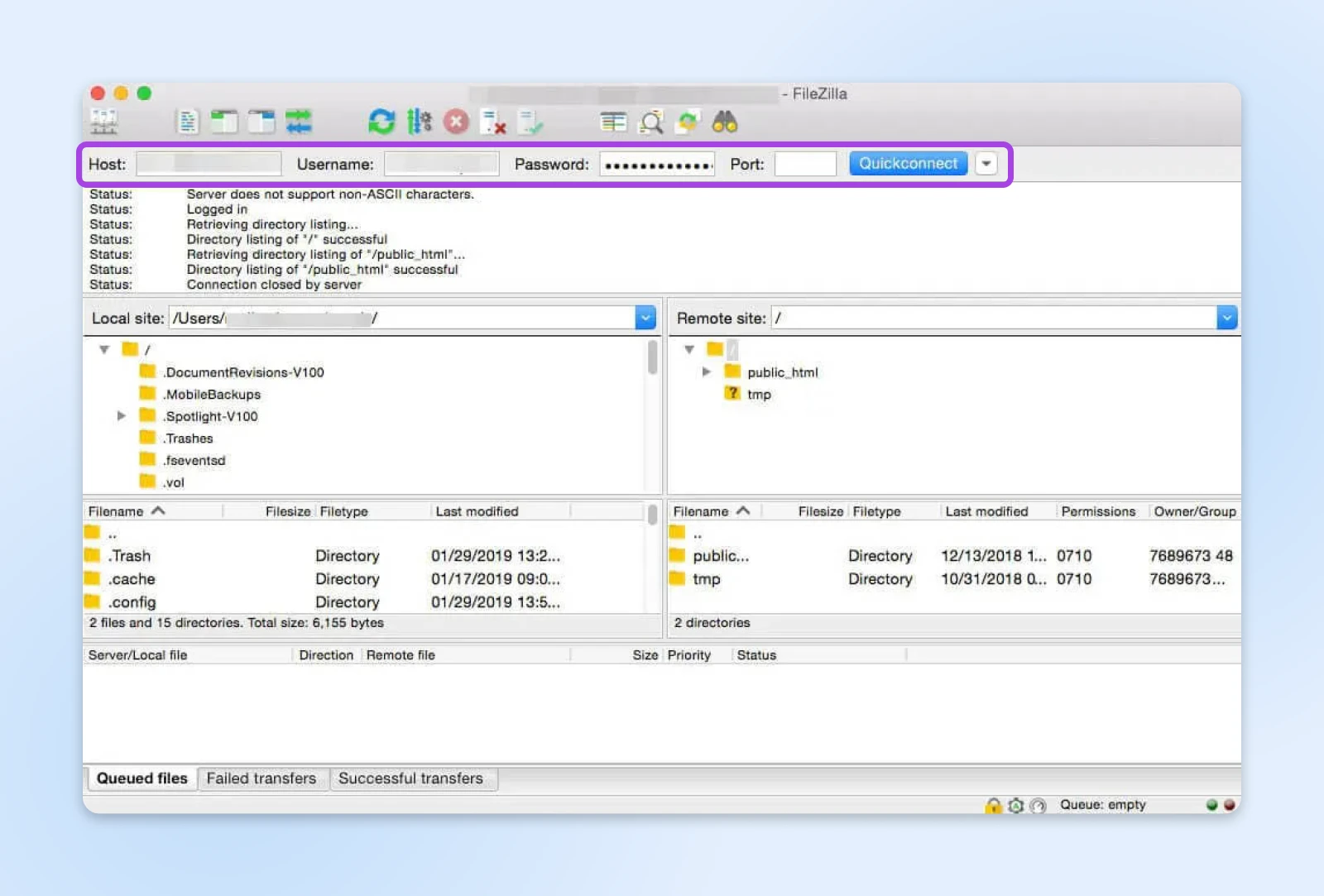 FileZilla FTP interface with "Quickconnect" option highlighted and connection status, local remote directory structures.