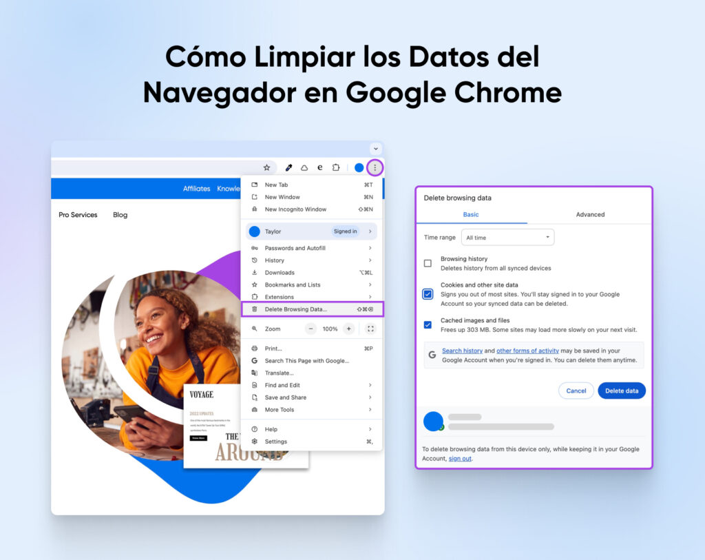 "Cómo borrar datos del navegador en Google Chrome" con captura de pantalla que muestra el cuadro de diálogo "Eliminar datos de navegación" en la configuración de Chrome