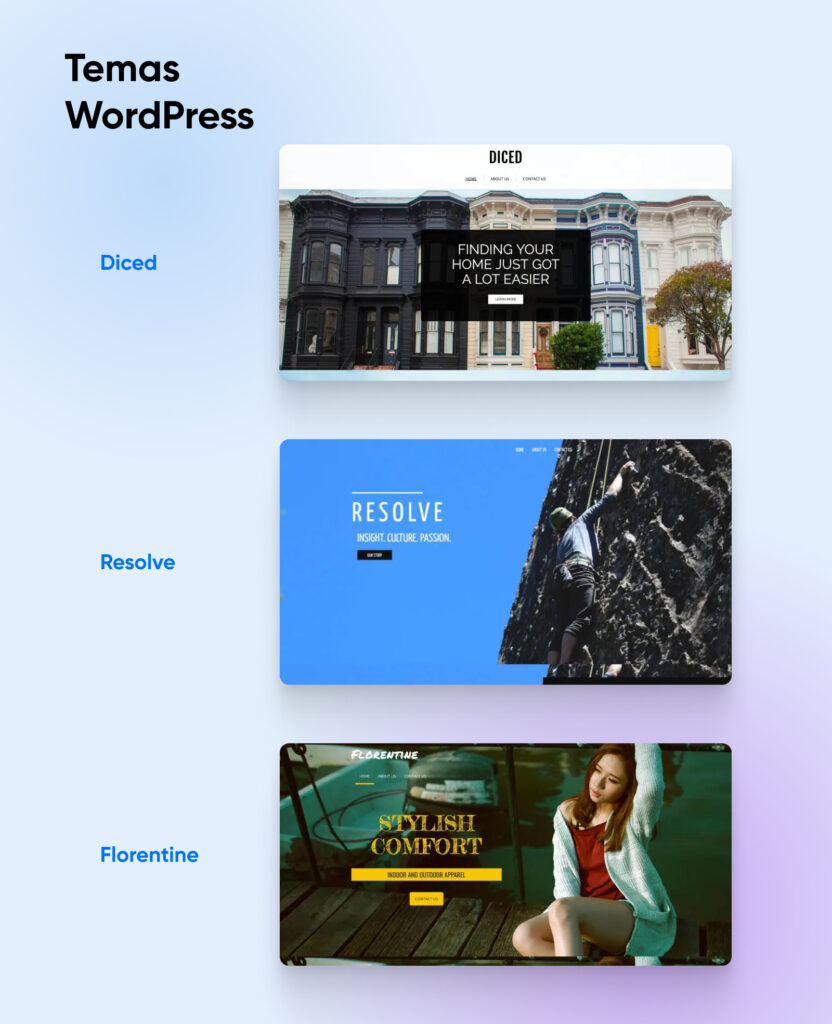 Las imágenes muestran vistas previas de tres temas de WordPress: Diced, Resolve y Florentine