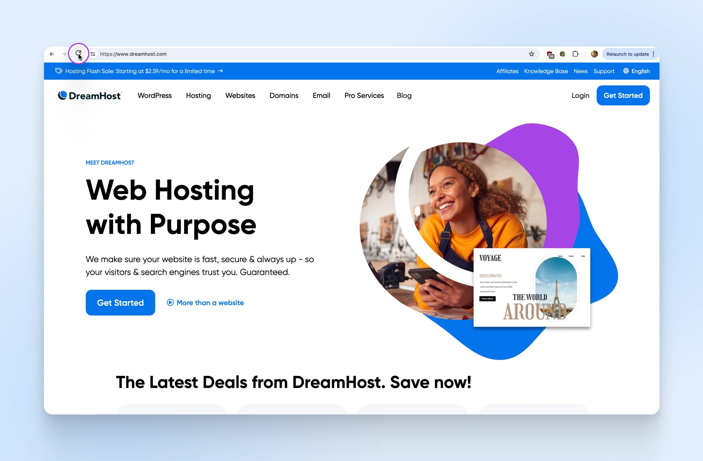 The DreamHost homepage is shown. A purple circle indicates the circular refresh icon in the upper left