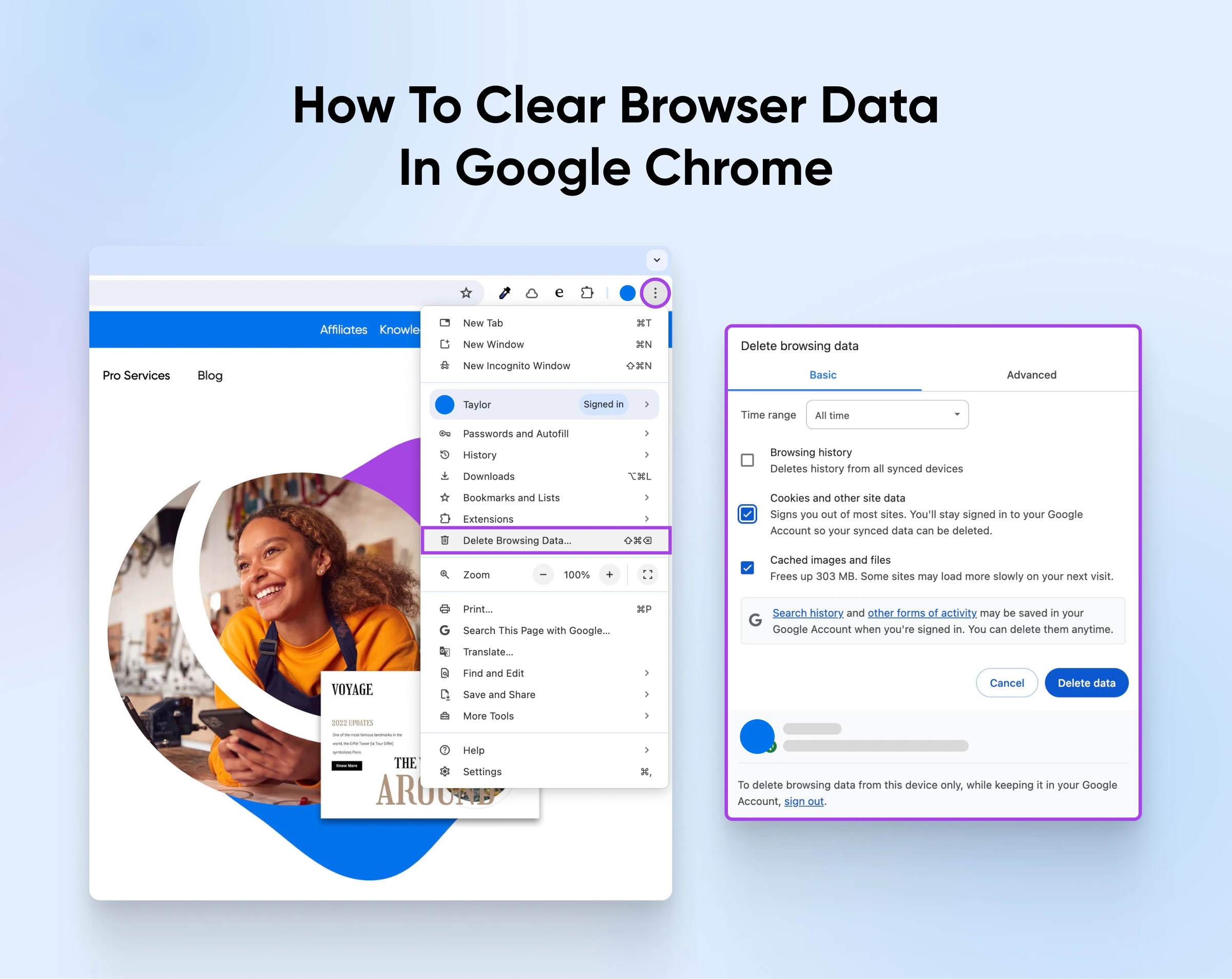 "How To Clear Browser Data In Google Chrome" with screenshot showing the "Delete browsing data" dialog in Chrome settings 