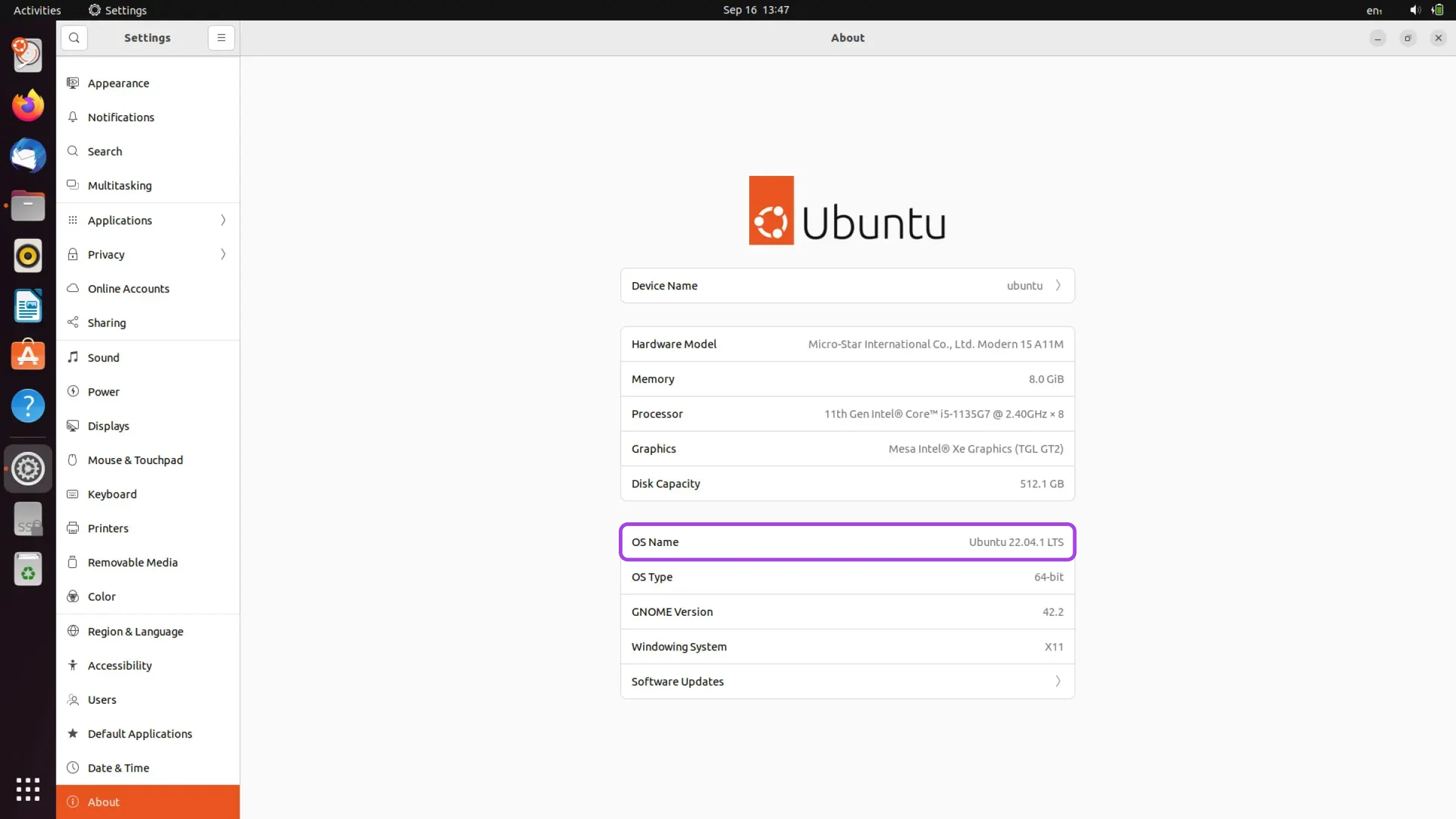 Ubuntu system information screen displaying OS name, version number, codename, and other hardware details.