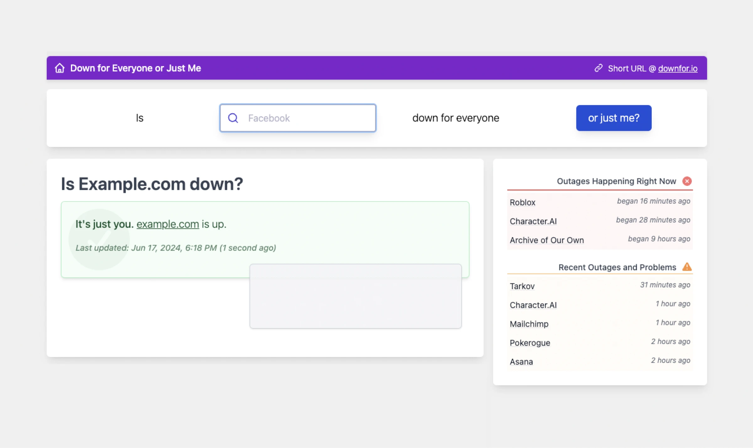 "Down for Everyone or Just Me" with the uptime status for Example.com. The site reports "It's just you. example.com is up." 