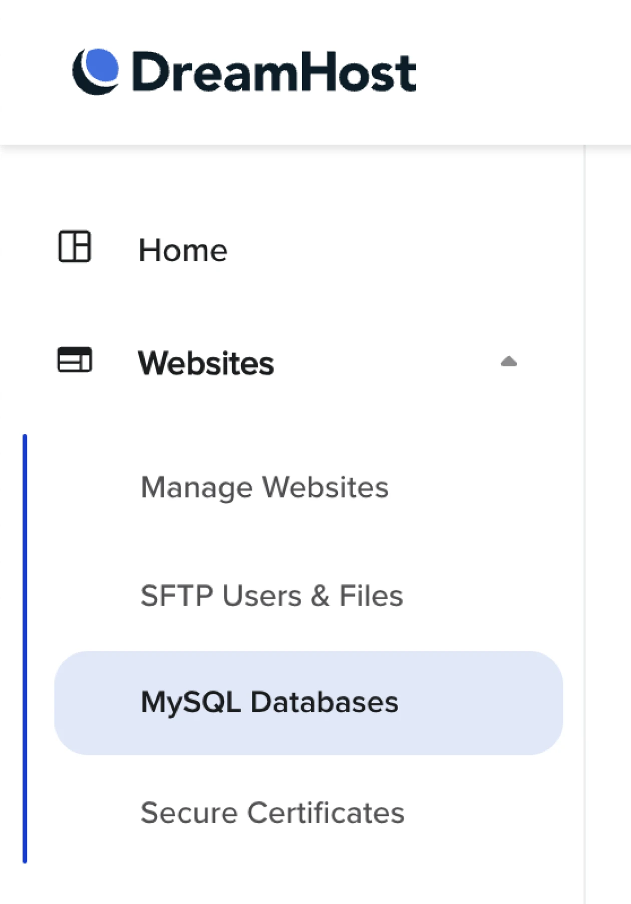 DreamHost control panel menu showing options including Home, Websites, and MySQL Databases highlighted in blue.