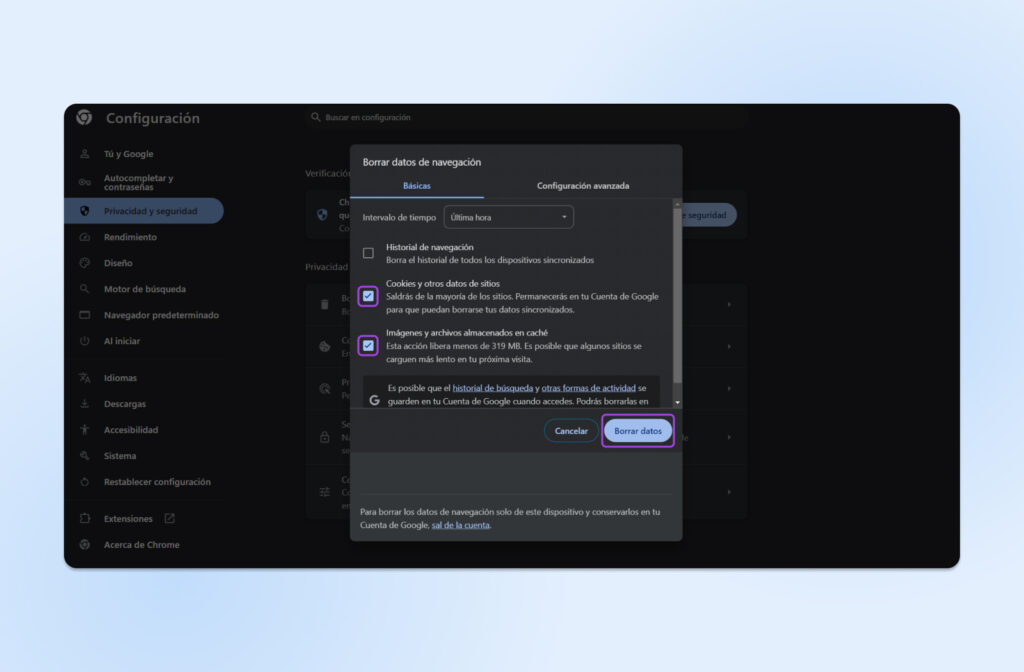 Pop-up de configuración de Chrome para borrar datos de navegación, mostrando opciones para cookies, archivos en caché y otros datos.