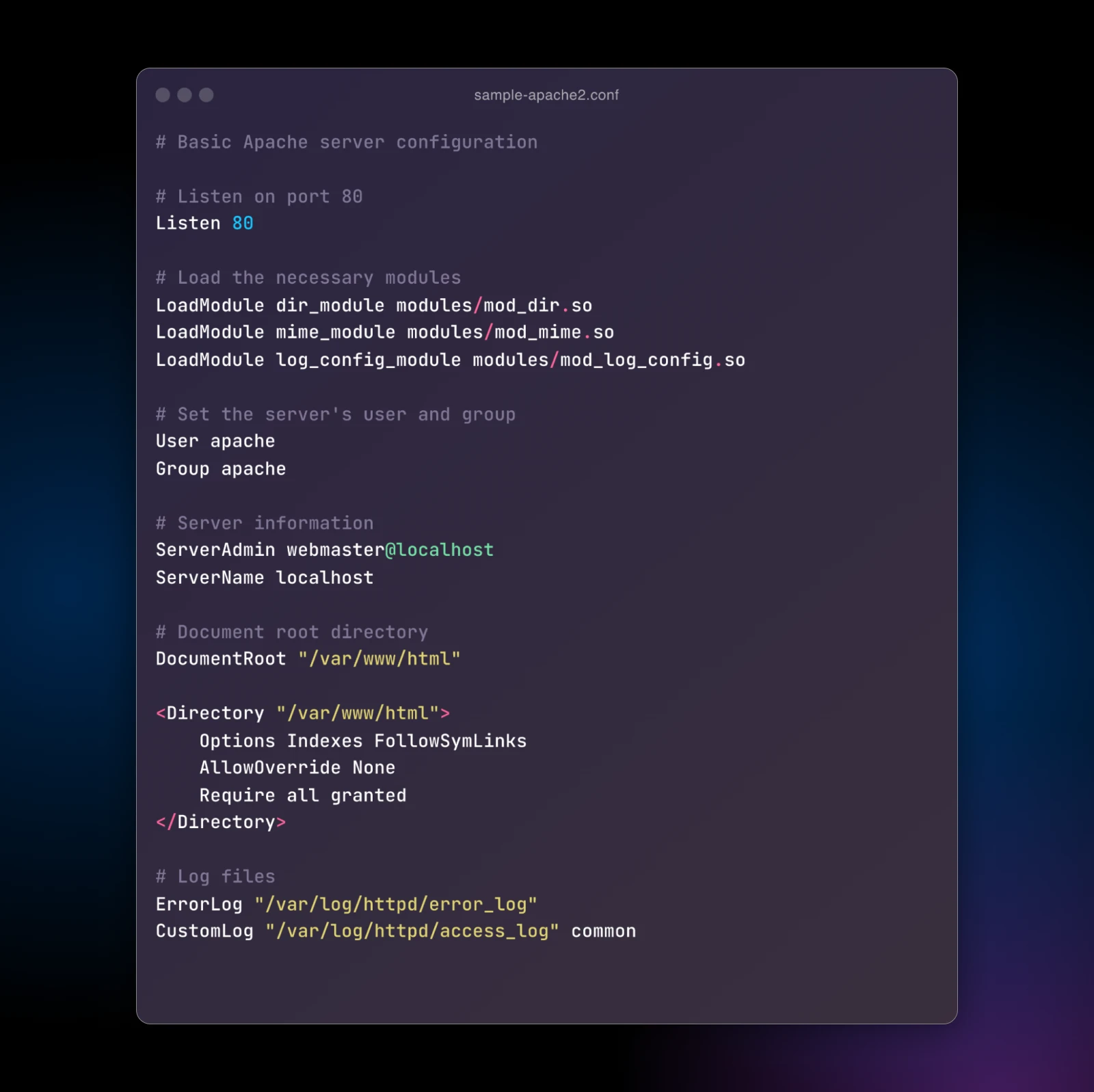 Basic Apache server configuration file screenshot, showing settings for port, modules, user, directories, and logs.