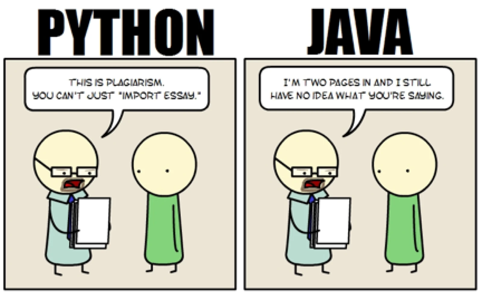 A comic strip explaining Python and Java on simpler way