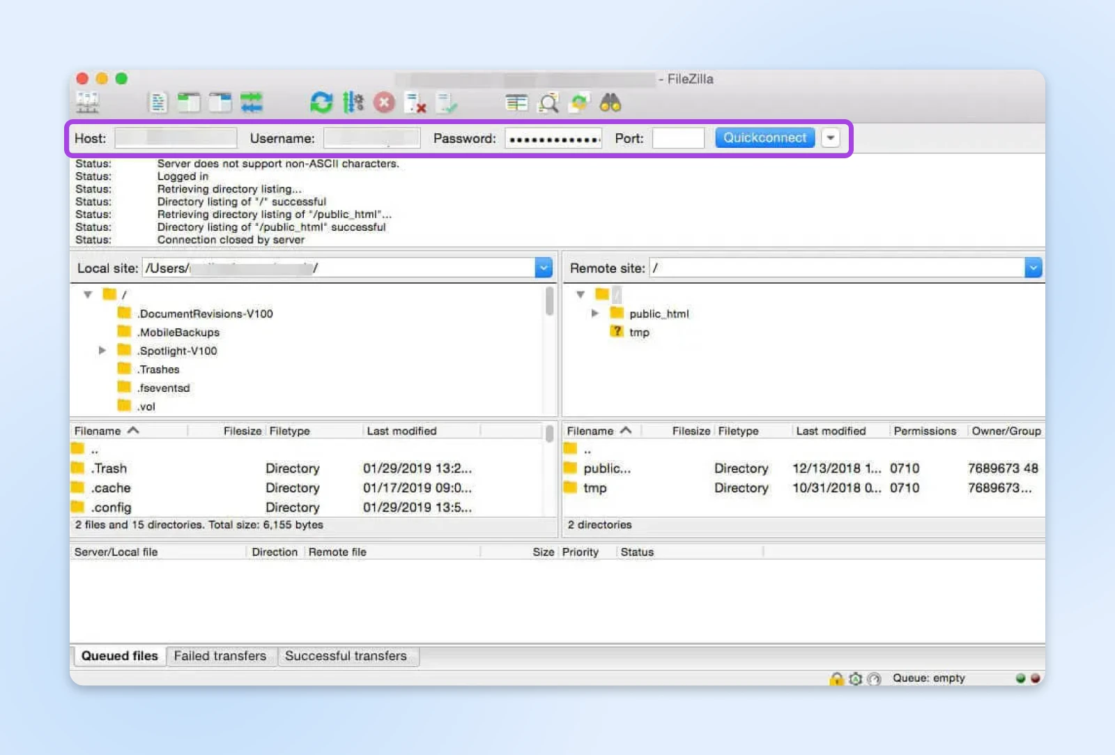 FileZilla FTP interface with "Quickconnect" option highlighted and connection status, local emote directory structures.