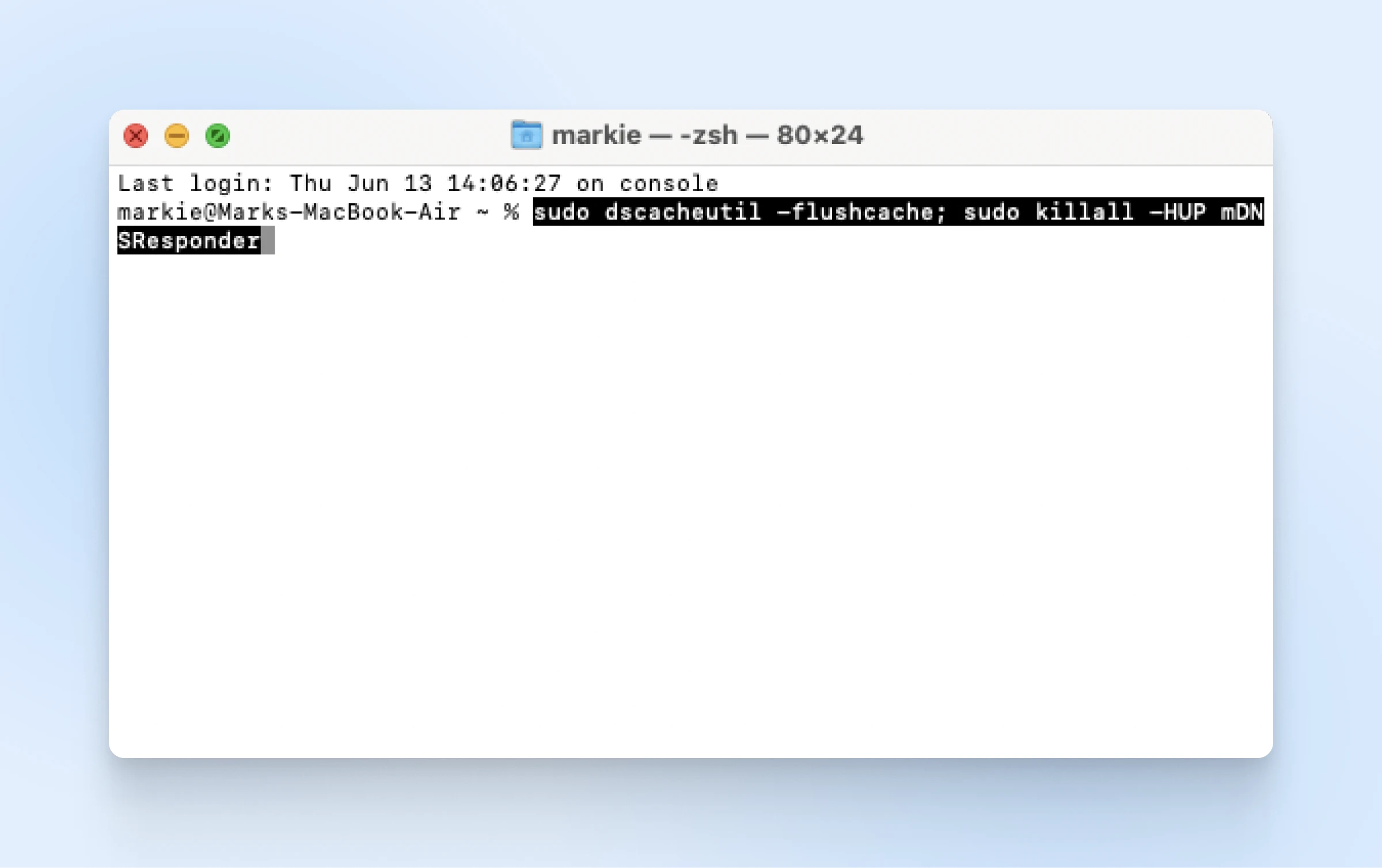 Terminal window showing user 'markie' last logged in on June 13 and running a command using 'sudo' to flush cache.