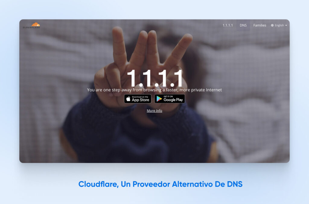 Página web del servicio DNS de Cloudflare que muestra '1.1.1.1'. Fondo: imagen borrosa de una mano que muestra cuatro dedos.