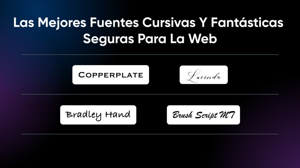 "Las mejores fuentes cursivas y fantásticas seguras para la Web" y logotipos de cuatro marcas de fuentes: Copperplate, Lucinda, Bradley Hand, Brush Script MT.